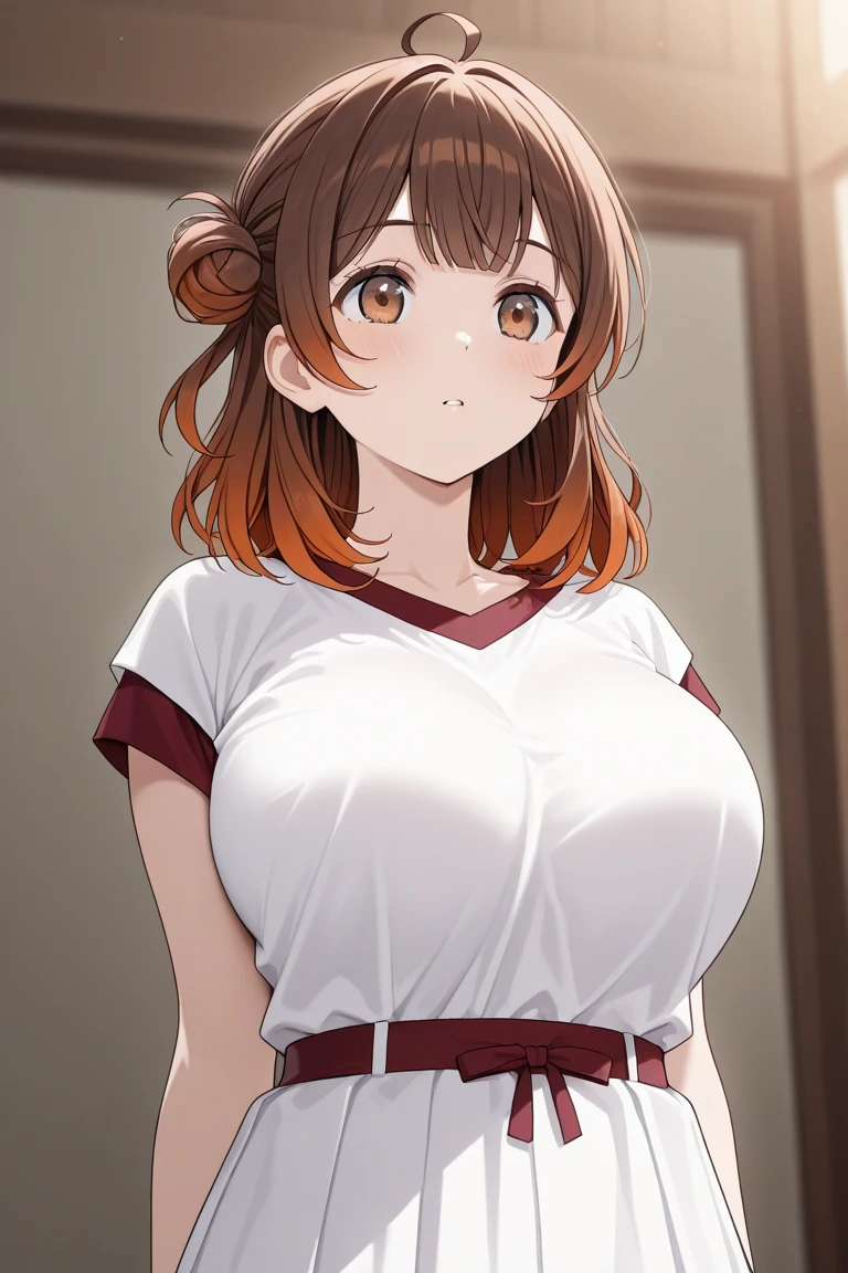 40 years old girl, short brown hair, brown eyes, chubby, blue 2-strap worker shirt, orange t-shirt inside.