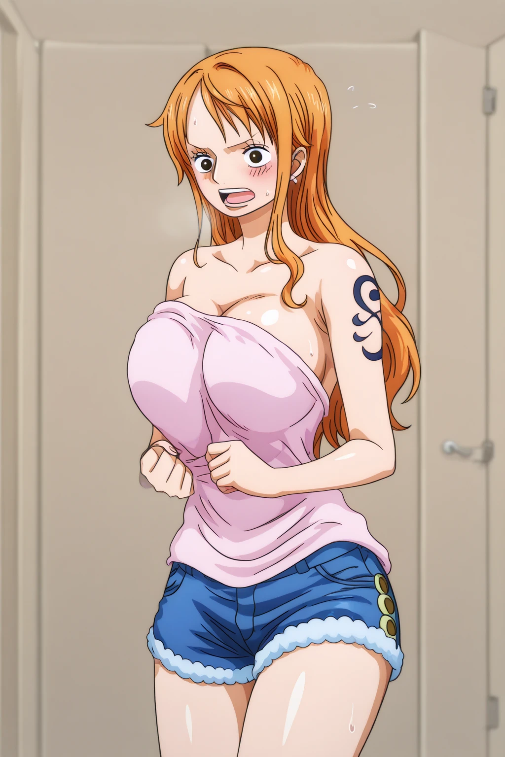 (best quality, clear face, ultra high resolution, masterpiece), anime style, 1girl, (nami, NAAmi, orange hair, orange eyes, long hair, arms behind head), large breasts, topless, short pants, blush, standing, indoor, looking at viewer, nipples, nsfw, sweat, (grabbing breasts from behind, black hair boy, faceless male, breast grab)