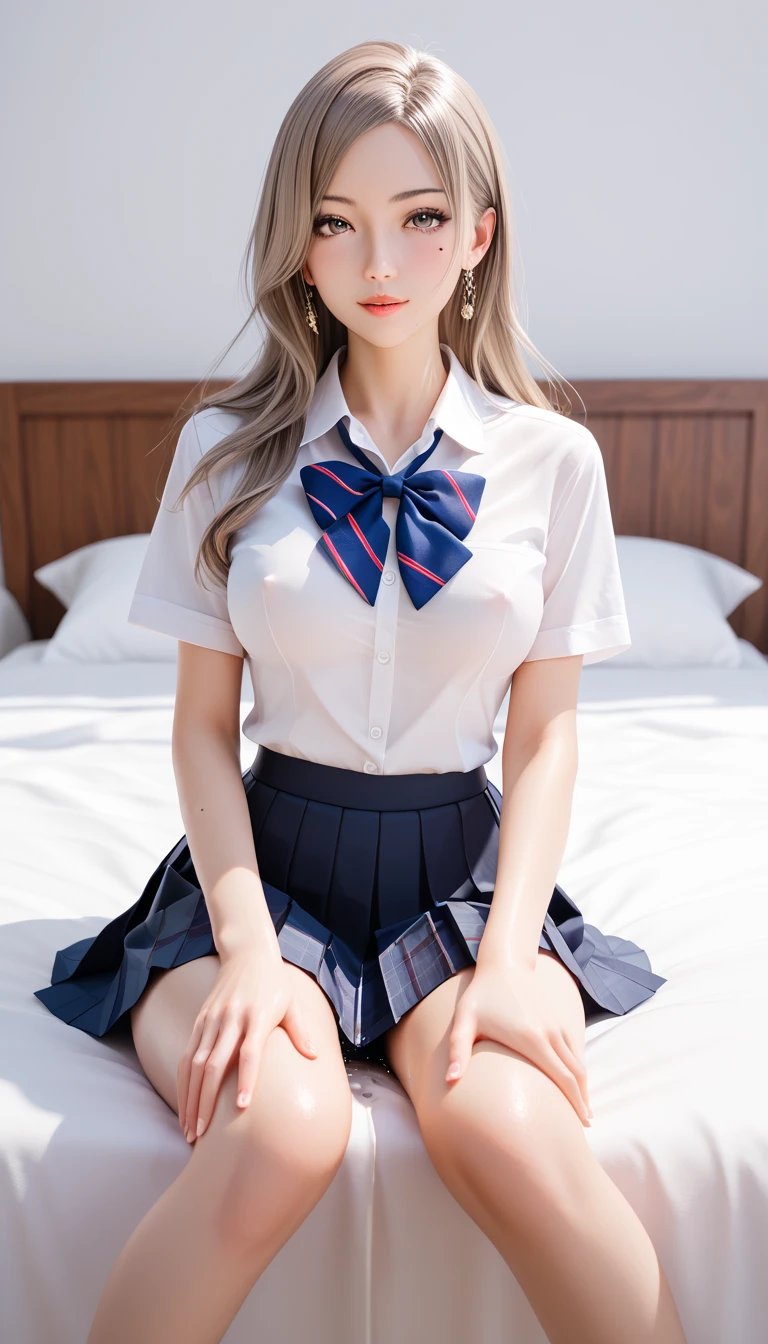 (masterpiece, top quality, high resolution, Unity 8k wallpaper, highly detailed CG:1),(Panty Shot) (10 years old), (Best Quality), (Masterpiece), (High Definition), Portrait of Japan teen, detailed body, white blouse, dark blue mini skirt, white high socks, school bag, school, sexy, gravure, low angle