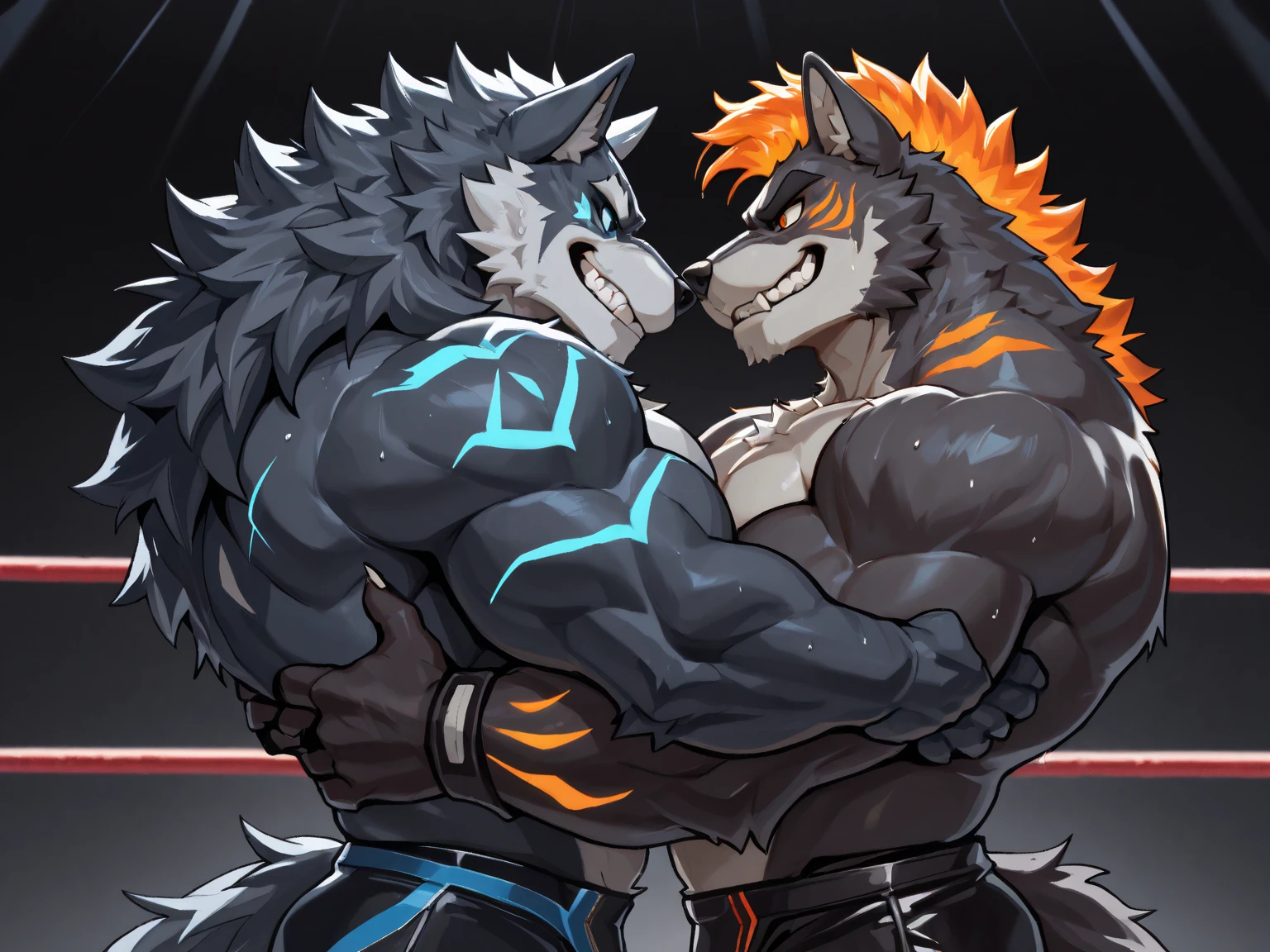 two cartoon characters are fighting in a boxing ring, super buff and cool, furry anime, muscular werewolf, muscular characters, muscular bodies, pov furry art, furry art!!!, muscular! fantasy, furry art, furry body, muscular! cyberpunk, furry convention, sfw version, furry chest, muscular!!, muscular!!!, very very beautiful furry art