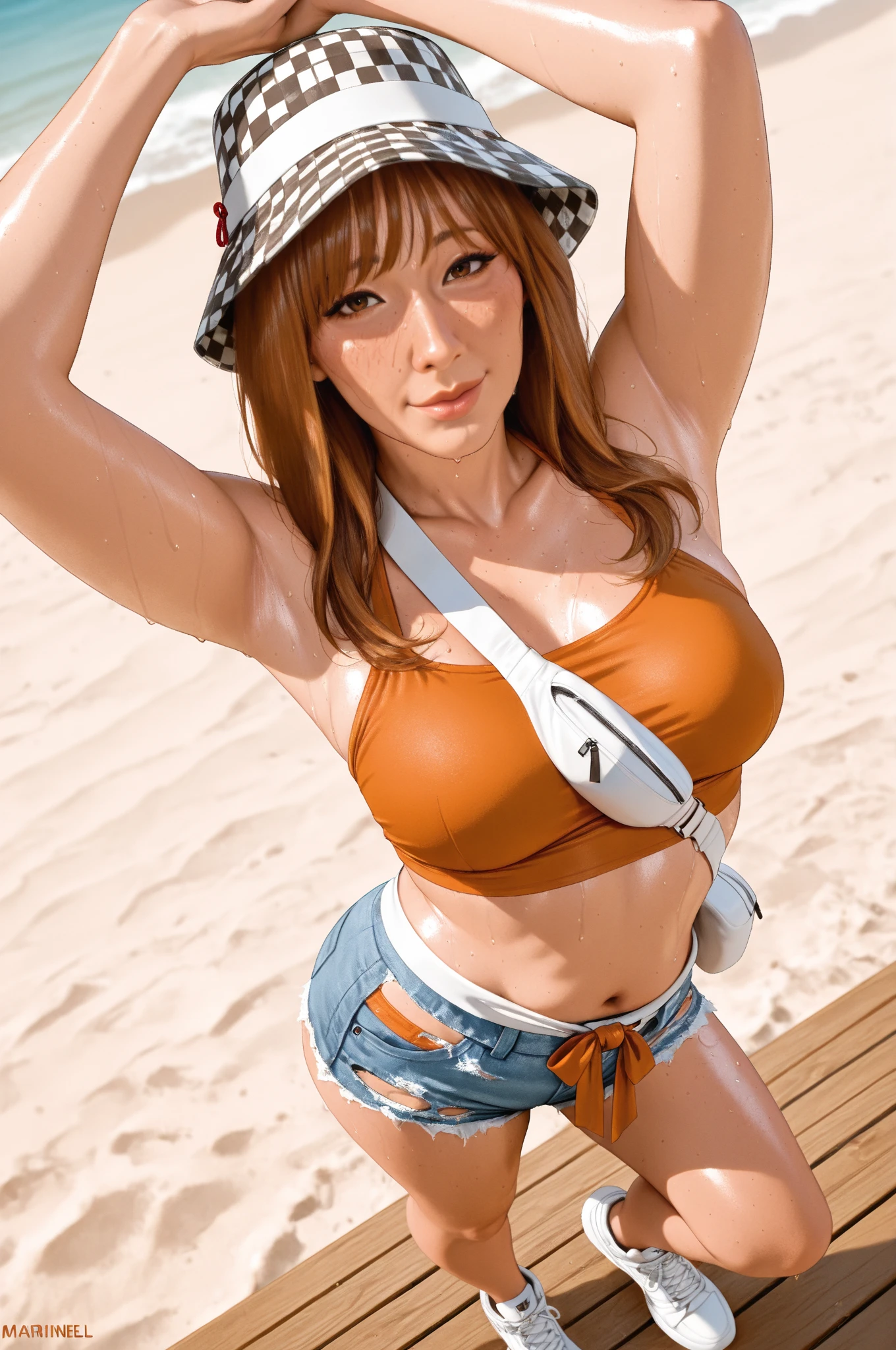 Anime Girl, (Cowgirl costume), Colossal tits, Brown hair, ((Shorthair)), With the lake in the background