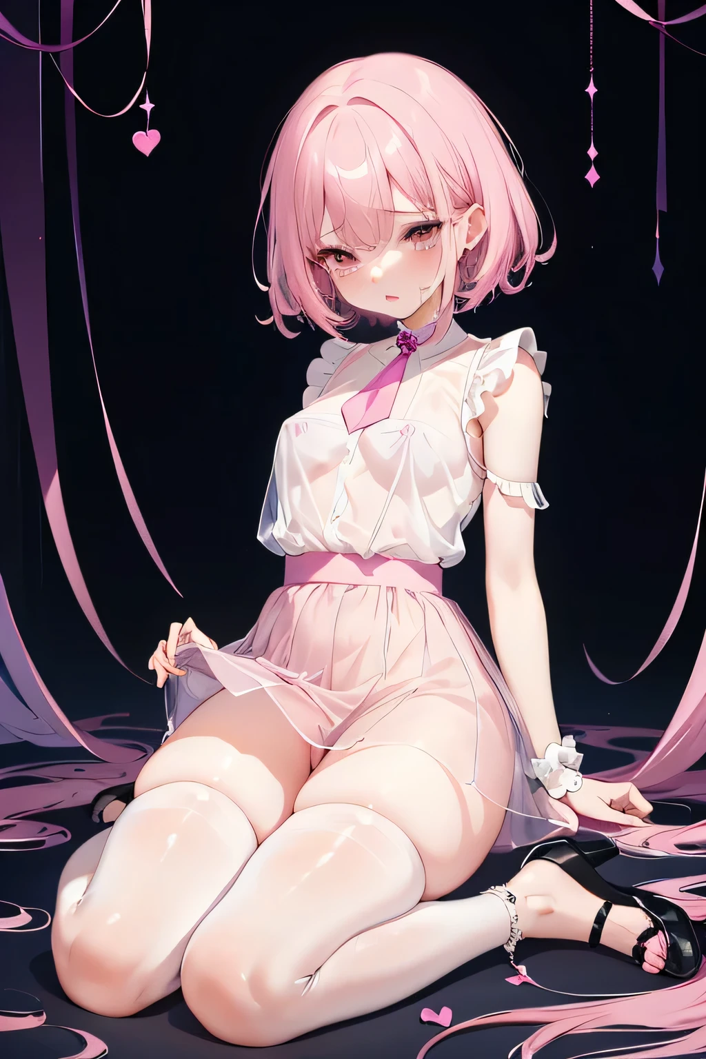 Pink Hair、ピンク目girl、Small breasts、Hair Bun、girl、Small breasts、Lolita、Bright smile、Looks about 15 years old、Petan Musume、short、目のhighlight、Sexy thighs、雨☔️、A see-through outfit soaked in the rain、Your eyes are so beautiful、highlight