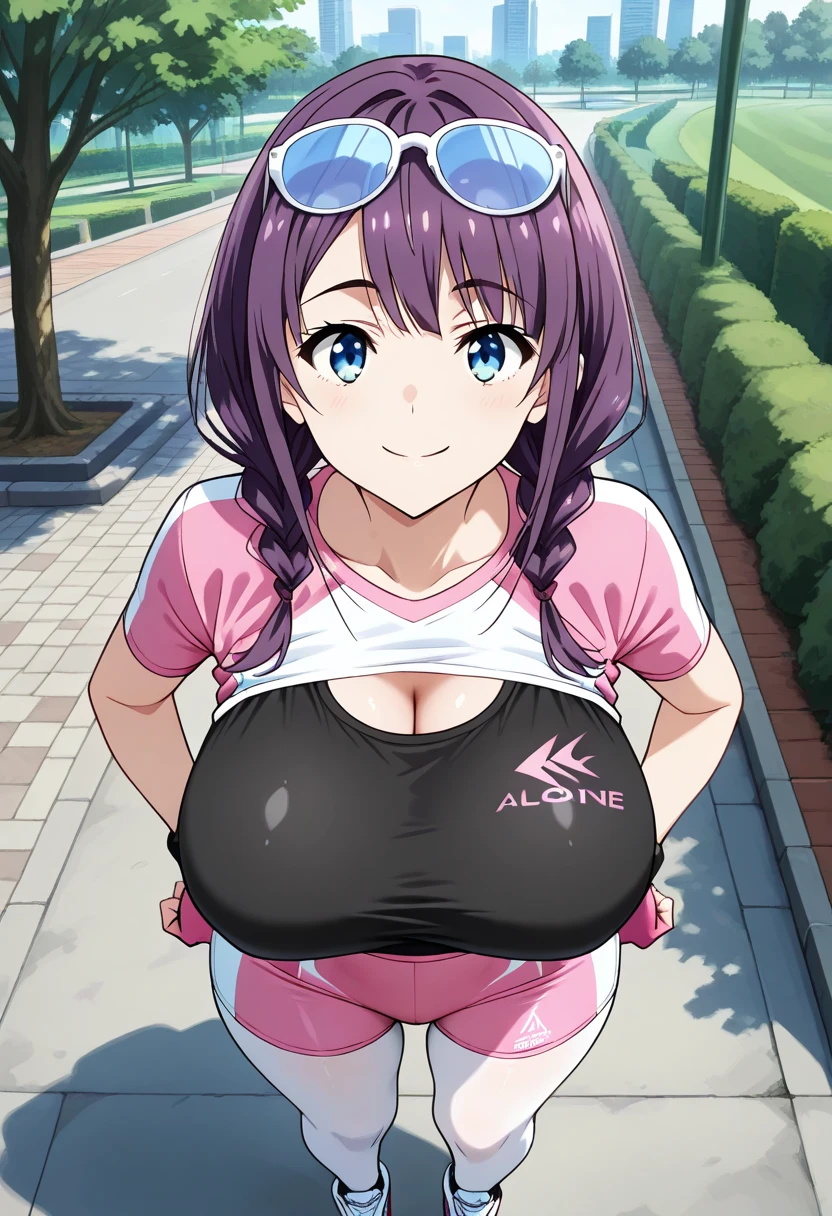 gigantic breasts, one-piece swimsuit, school swimsuit, name tag, :d, pool, pov, paizuri, penis between the tits, Breasts pressed together, tifuck
