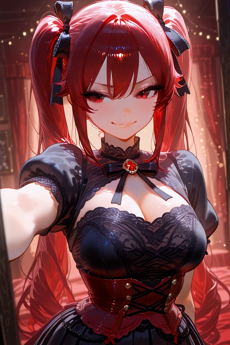 sexual appearance. Stunning magica fantasy full body portrait of a busty woman in dark red racy sexy lingerie, wearing a garter belt, age 27, plunging neckline highlighting feminine features, slender body, small ears, Brown Hair, Short Wavy Hair, Smiling Happily, Dynamic Pose, Ticker, Fantasy, Extreme Detail, 4Kde, Ultra HD, Trending on ArtStation, Polished, Radiant, Vibrant, Background Lighting, (8Kdende UltraHD), Unreal Engine 5 portions, intricately detailed, 3D vray detailed