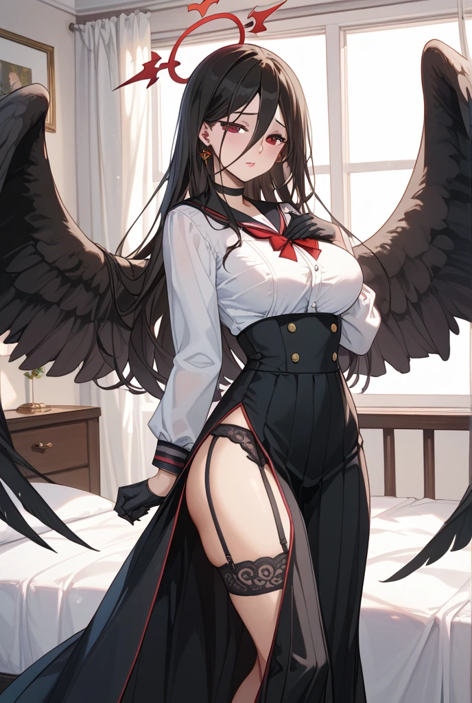 ((nurse outfit)), Masterpiece artwork, best qualityer, highres, al1, demonic horns, slitted pupils, black ace, Lower handle, feathered wings, lingerie white, tiro de cowboy, bed-in, sitting down, Breasts Out, hands on own chest,