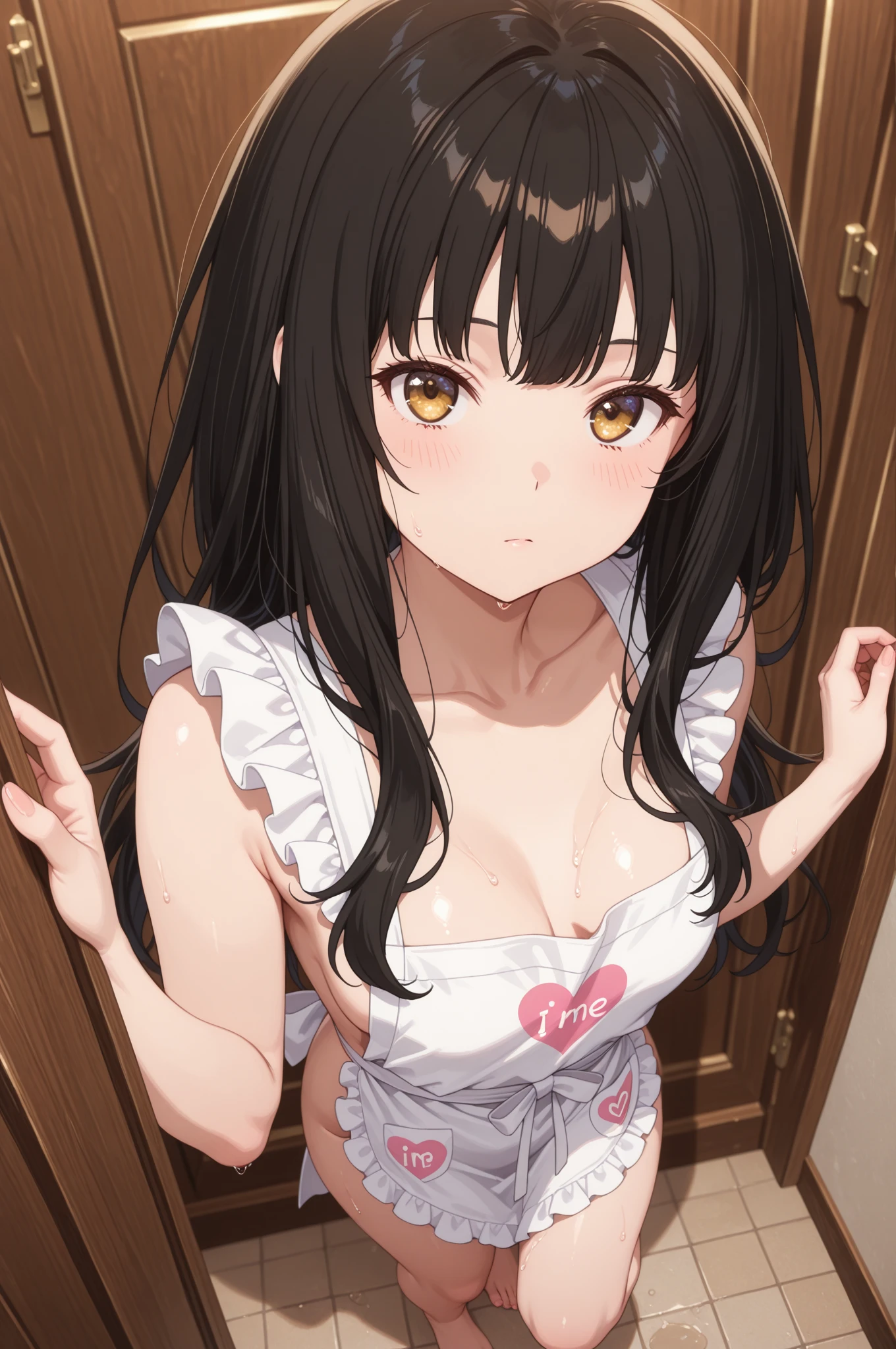 ((Small Breasts)),Highest quality、Very delicate and beautiful、((Very short bangs))、((Bangs))、Light shiny brown hair、The hair is light、((Short Bob))、Cute face、Young face、Cute like an idol、Yellow Eyes、Are thin、Slim figure、Short、（Child body type）、Embarrassed face、Open Mouth、smile、Red face、（Bathroom at home）、Photographed from the front、