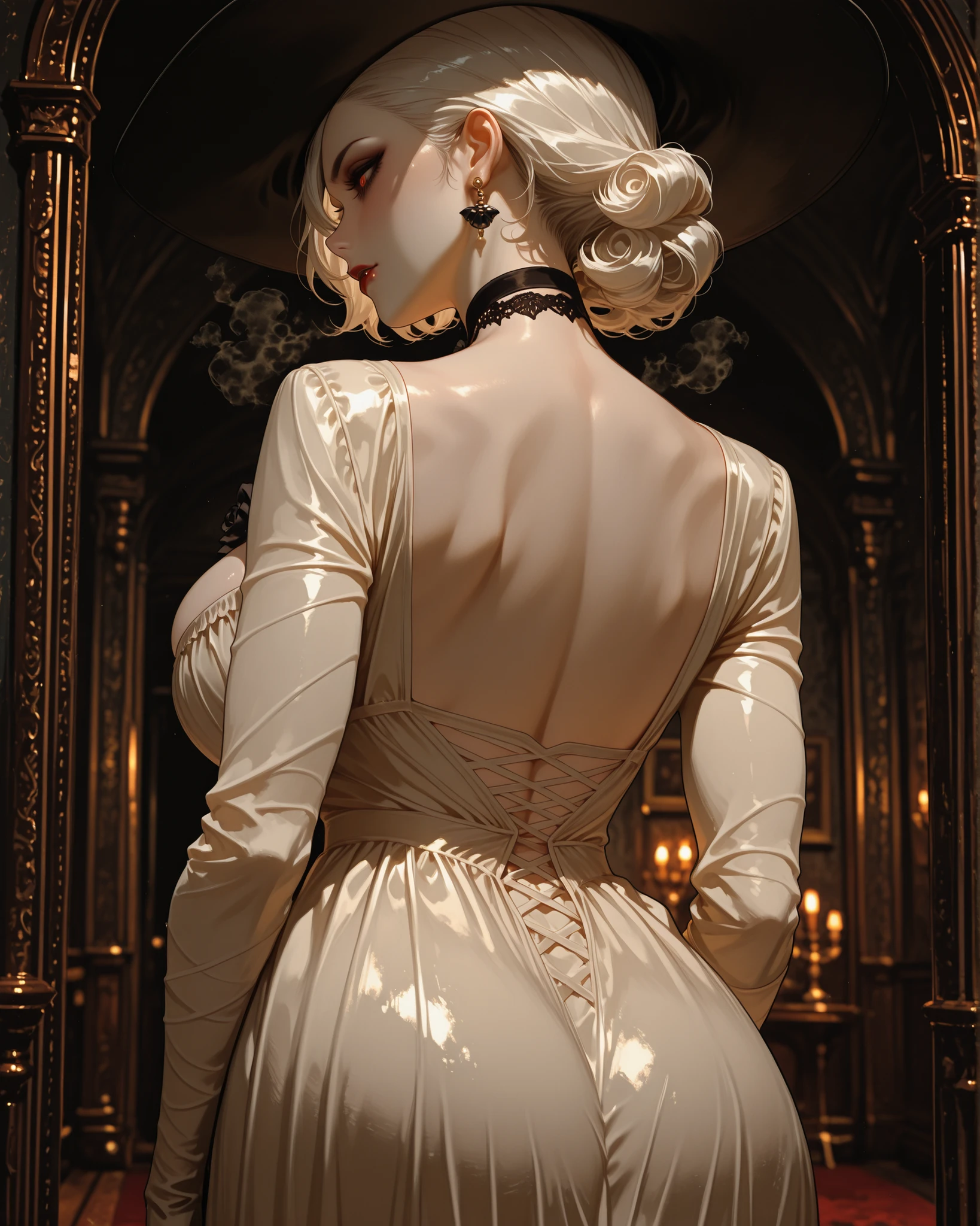 masterpiece, ultra detailed, best quality, Alcina Dimitrescu, tall voluptuous vampire lady, massive breasts, hourglass figure, from behind view, close-up shot, white ornate dress, broad shoulders, tiny waist, Victorian style clothing, pale skin, vintage glamour, dramatic lighting, castle interior background, film grain effect, shallow depth of field, professional photography, black choker, white hair styled in elegant updo, dark atmospheric mood, golden ornate details, slight side profile glimpse, sophisticated pose, dominant aura, steam punk aesthetic, intricate fabric details, vintage film look Notes:
- Emphasized her iconic characteristics
- Maintained the sophisticated vampire aesthetic
- Added atmospheric elements
- Included detailed clothing and accessory descriptions
- Focused on the requested angle and framing Let me know if you'd like any adjustments to the composition or styling!