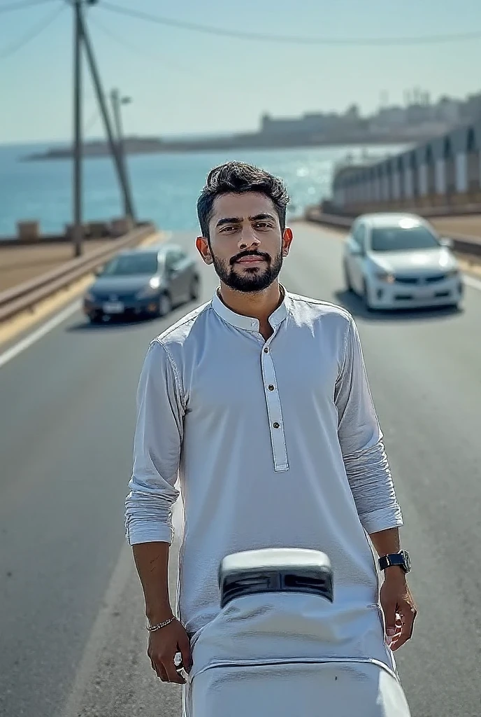 Create an real image of a young man of a name NOUMAN ALI.wearing a white t shirt, sitting on a civic car, the car with a 6692 number plate, with Pakistani flag in hand