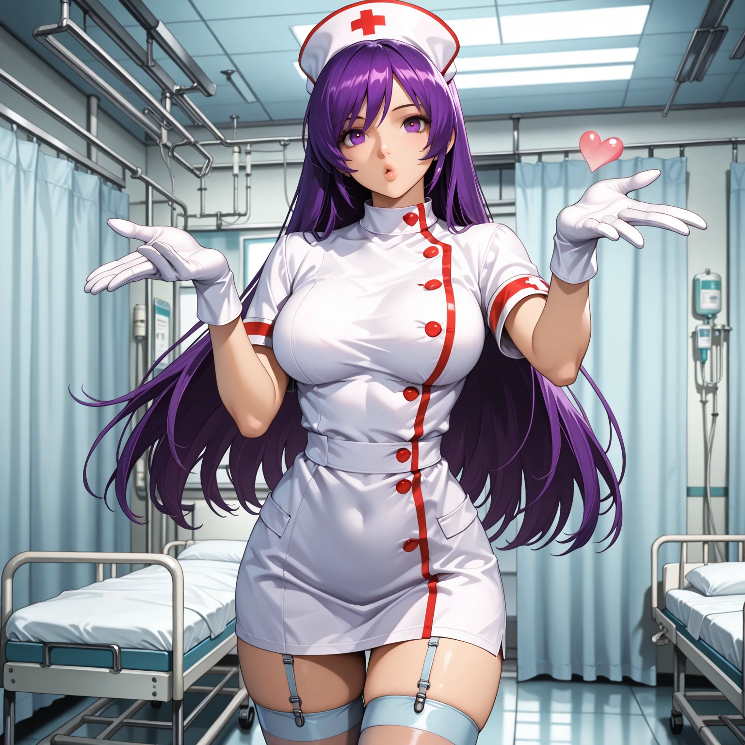 (((((Solo))))), Woman with long straight light purple hair and bangs, ((wearing white nurse dress)), (nurse cap), (pink bow accessory), (purple eyes), (((C cups)), ((curvy)), (stockings), futuristic hospital, purple lights, perfect hands, beautiful eyes, sparkling eyes, sexy face, seductive pose, ((mature woman)), smiling, ((mature woman katy))