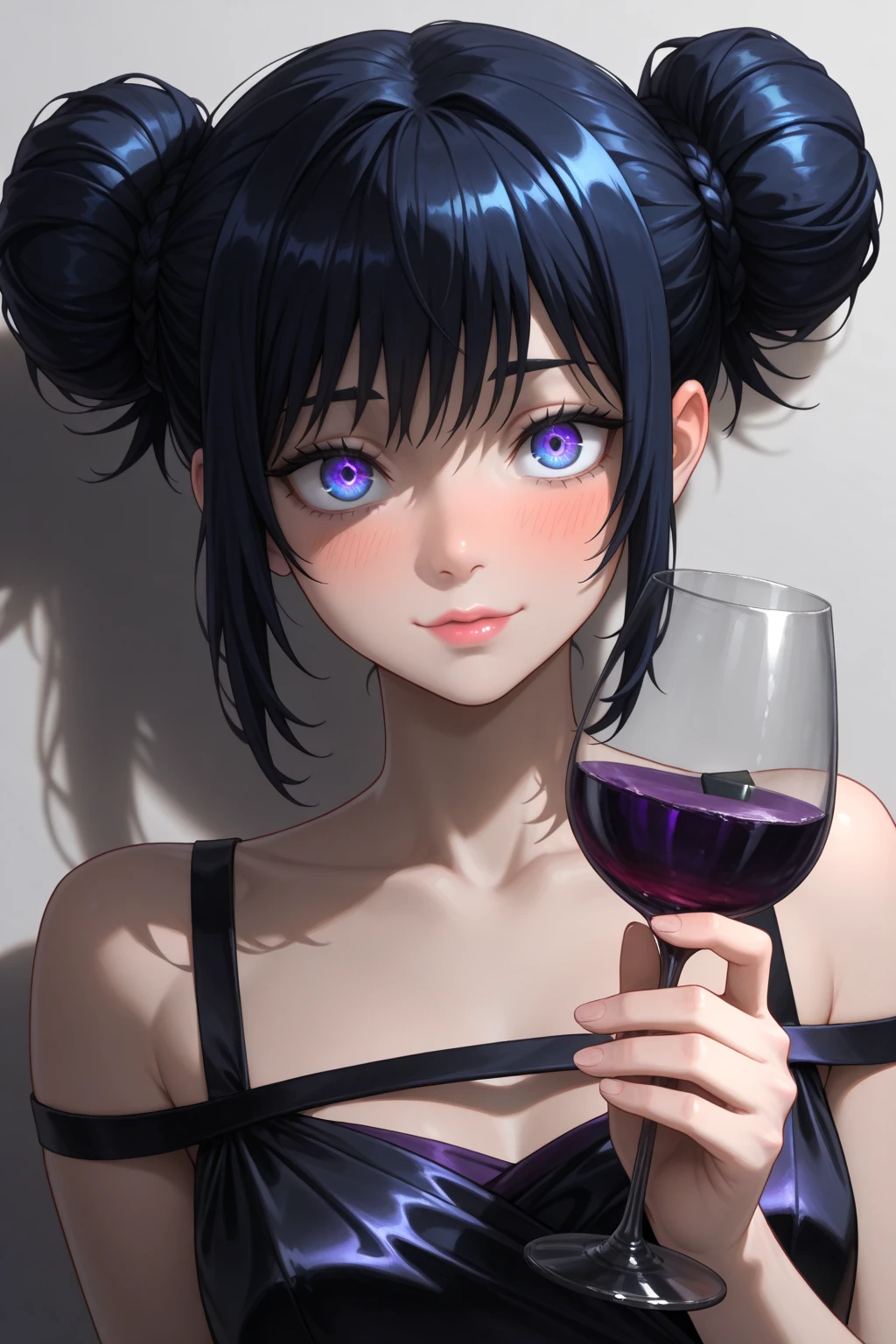 rating_safe, score_8_up, score_7_up, 1girl, solo, shiny skin, pale skin, medium breasts, cute perfect face, kid-like proportions, thin body, ((black hime bangs, hime haircut, long smooth hair)), attractive young skinny innocent  nervous teen toon-girl sitting at a cafe table, in front of POV, tight belly-free tank top, elbows resting on table, chin resting on hands, looking at viewer, cleavage, amazing purple eyes, inviting smile, lip gloss, inside detailed cafe background, britghly lit,choker