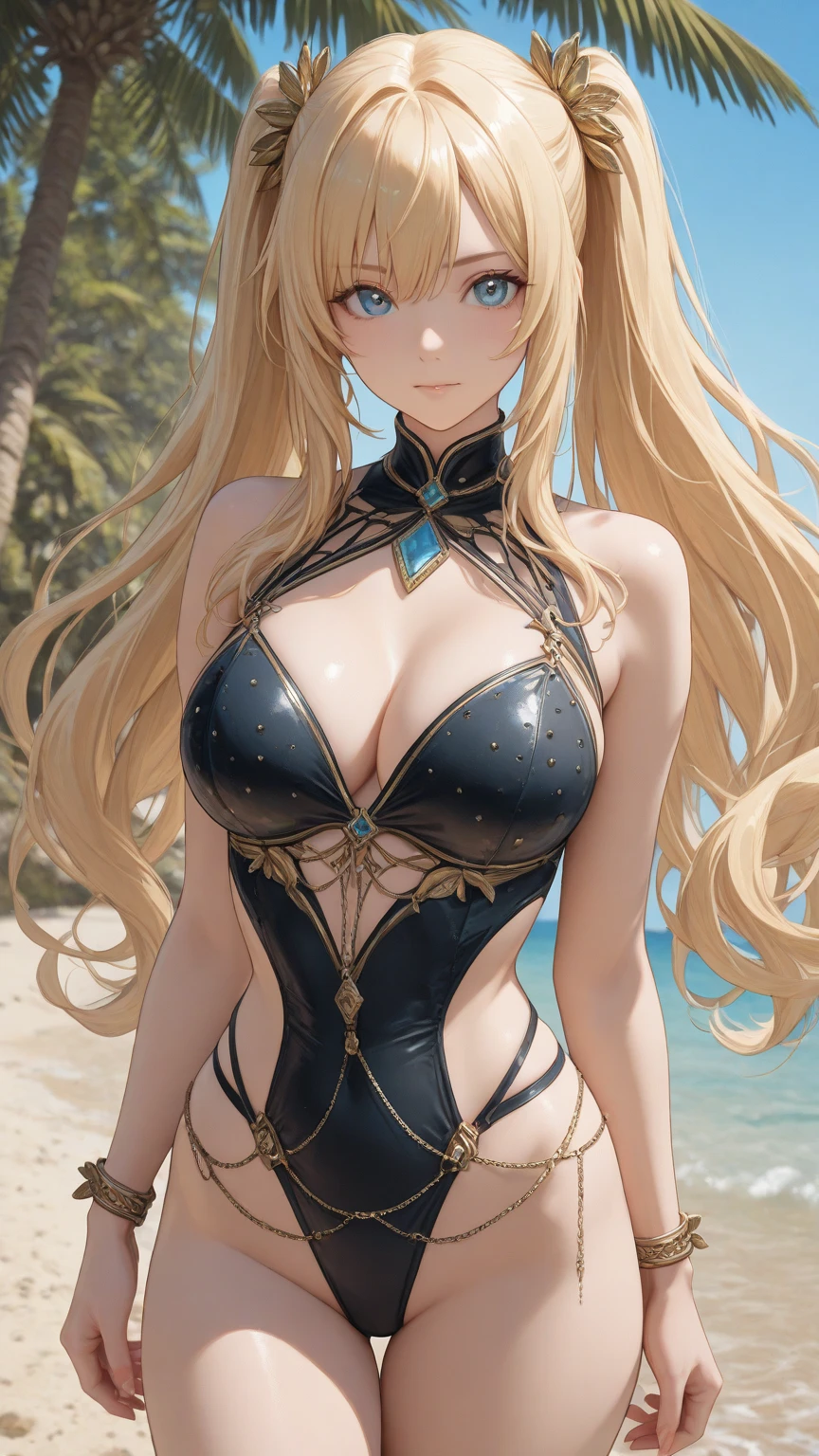 A beautiful woman in gyaru makeup wearing  on the beachfront, surrounded by servants, beautiful portrait of a stunning goddess girl, beautiful detailed face, porcelain skin, full body shot, centered,(black hai,navel:1.2),((moonlight,night,big neons,strong neon lighting,rim lighting,two tone lighting))), sitting