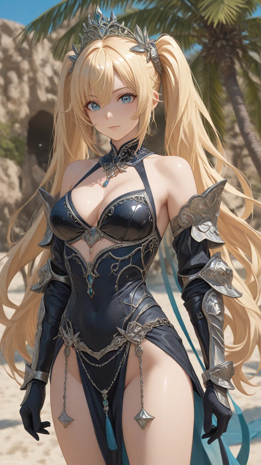 Very detailed、highest quality、Best image quality、masterpiece、8k、Anime Face、A kind smile、Open your mouth、Sparkling blue eyes、(Blonde wavy hair:1.5)、、Muscles of the whole body、camisole、Thigh belt、mini skirt、(Wearing black bikini armor:1.5)、(Cowboy Shot:1.5)、(Leg armor:1.5)、Armor