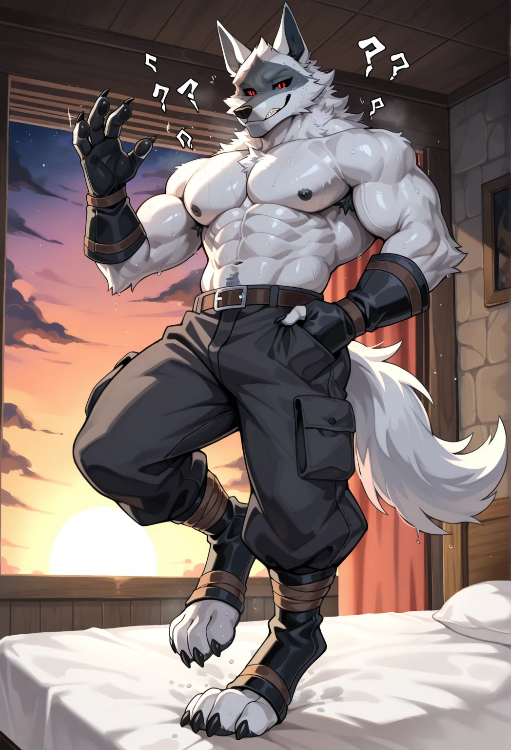 Male wolf, full body covered with fluffy fur, , large muscular chest, volumetric abdomen, day, , detailed, Uploaded to e621, beautiful and detailed portrait of an anthropomorphic white wolf (((male))) subtract, ross tran, Ruan Jia , Uploaded to e621, zaush, Foxovh, film lighting, moon lights, Jumped, glowing eyes, Gray fur, brown pants