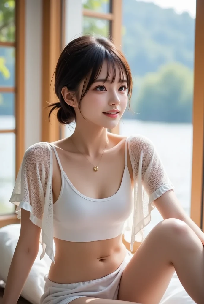 ((Show underarms、A hyper-realistic、Armpit、Detailed armpit wrinkles、Detailed armpit pores、Realistic armpit skin、Black armpit skin、Black armpits、showing your whole body、Turn your body to the viewer、White small sexy panties、Stand in the city、Stand facing the front of the city、in a street、White sexy panties、Semi-sleeveless sweater)), (illustratio), (hight resolution), (8K), (ighly detailed), (The best illustrations), (armpit pose、beatiful detailed eyes), (top-quality), (ultra-detailliert), (masterpiece), (wall-paper), (详细的脸), (A smile、((A 40-year-old woman,Show realistic armpits))、Brown hair with a high ponytail、((Woman in dark blue short sleeveless sweater and white small sexy panties, japanes,