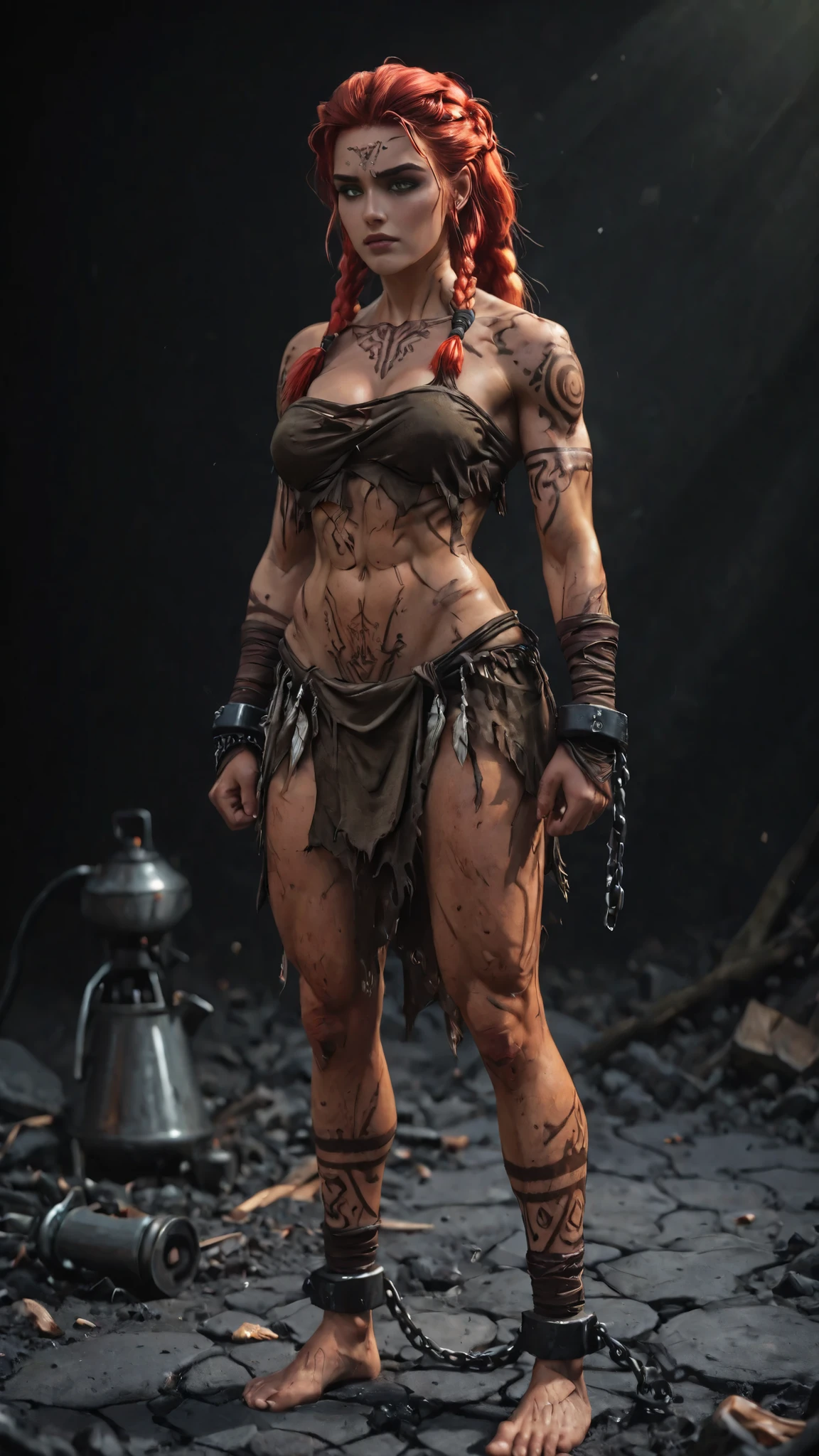 masterpiece, ultra highres, best quality, A defeated powerful female barbarian warrior, hands cuffed together at waist level, tall and muscular with a thick curvy figure, wide hips and strong thighs, standing in a frontal pose with lowered bound hands, full body view. Beautiful feminine face with hunter green eyes showing defiance, thick defined eyebrows, tribal face tattoos extending down cheeks, long scarlet ginger hair in complex tribal braids cascading down. Wearing torn fur garments barely covering, exposing deep cleavage, abs, broad shoulders, and powerful legs. Intricate tribal tattoos flowing across exposed skin, heavy iron shackles with weathered chains binding her wrists together at lower torso. Barefoot stance with muscular calves and thighs. Dramatic lighting creates sharp shadows and glowing highlights on muscles and restraints, strong contrast against simple black background. Realistic mature anime style, 3D cel shading, Blender render quality, photorealistic textures, volumetric lighting, ambient occlusion, subsurface scattering on skin