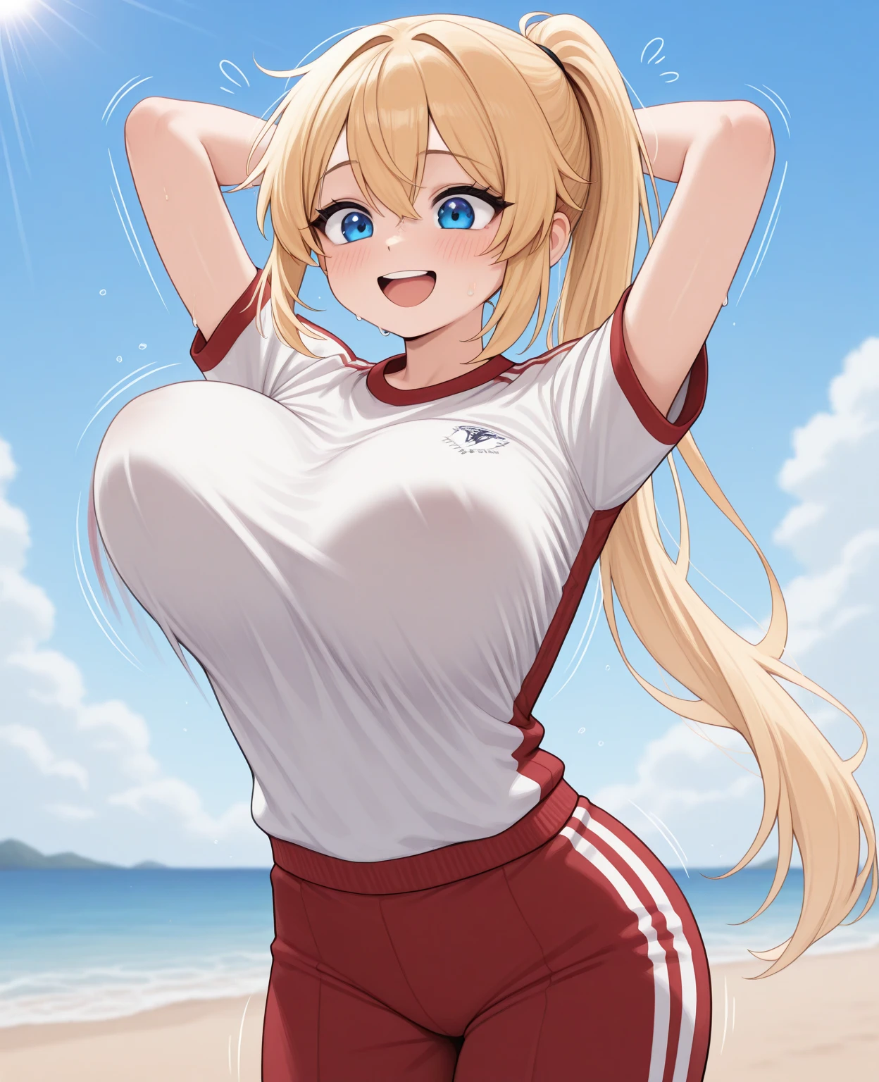cute smile,shy,gigantic breasts,Masterpiece, sksrin, beautiful , facial details, 8k wallpaper,long hair, white gym bra, micro shorts , white wrestling outfit,red lib stick