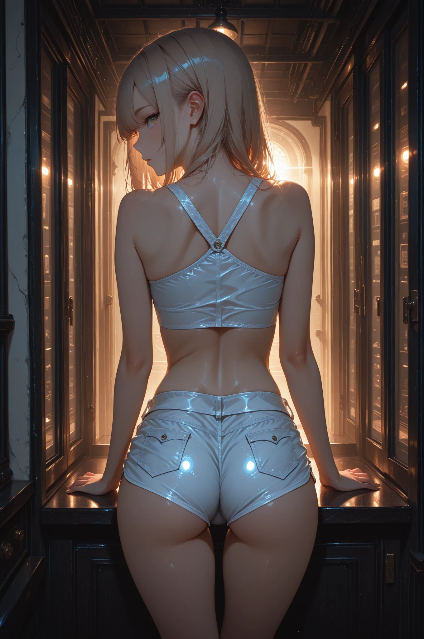 (nsfw), (masterpiece, Best Quality, High-resolution, hyper Realistic:1.4),
BREAK
beautiful sexy young solo woman, ig model, high detail, (Happy:1.2),(wide angle, back below shot, Focus ass, and active dynamic pose, all body shot, full body in frame:1.3),
BREAK
(very slim waist:1.2), (perfect balanced Soft medium breasts, Breasts with cramped clothes, cleavage, large buttocks, beautiful long legs:1.4), A glamorous body with clothes, exuding a sculptural beauty, (Realistic Soft skin texture, oily skin, White and beautiful Silky skin:1.4),
hyper small head, (Detailed face and eyes), cute and Pretty slim face, Duck mouth, perfect beautiful Tooth, arranged gray hair, looking viewer,
BREAK (Detailed sexy Cyber police Cosplay:1.3),
Sleeveless shirt with an wide open chest, (Soft texture), minimalistic beauty, wearing technical Sneakers, advanced technology, harmonious stance,
BREAK
(In a dimly lit room, the White neon glows brilliantly, The interior of a futuristic colony, with mist drifting and steam rising from concrete),