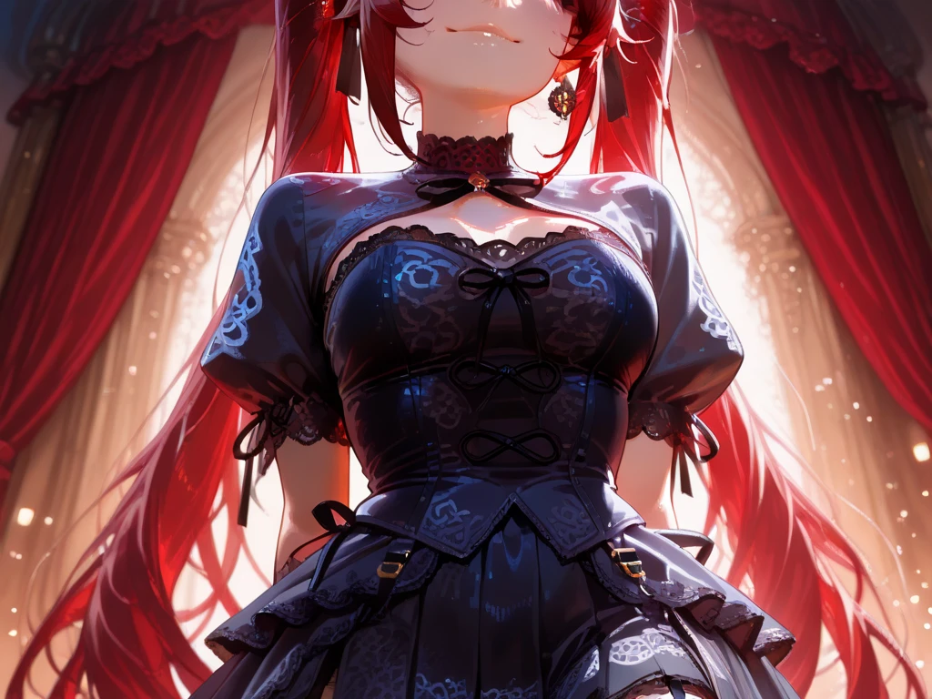 Arafed, a picture of a female angel in high society prom event, divine beautiful female angel, red hair, long hair, flowing hair, the hair glows in a soft light, cerulean eyes, deep light eyes, divine feminine face, (spread white feather wings: 1.2), she wears a ((black evening dress: 1.5)), elegant, intricate detailed dress, silk dress, small cleavage, the dress is decorated with aether stars, starlight, she wears elegant knee high heeled boots, exquisite knee high heeled boots, she stands on the porch of a fantasy castle, dynamic angle, soft torch light, (Masterpiece: 1.5), 16k, highres, best quality, high details, ultra detailed, masterpiece, best quality, (extremely detailed), AngelStyle, GlowingRunesAI_paleblue, angel_wings, Angel
