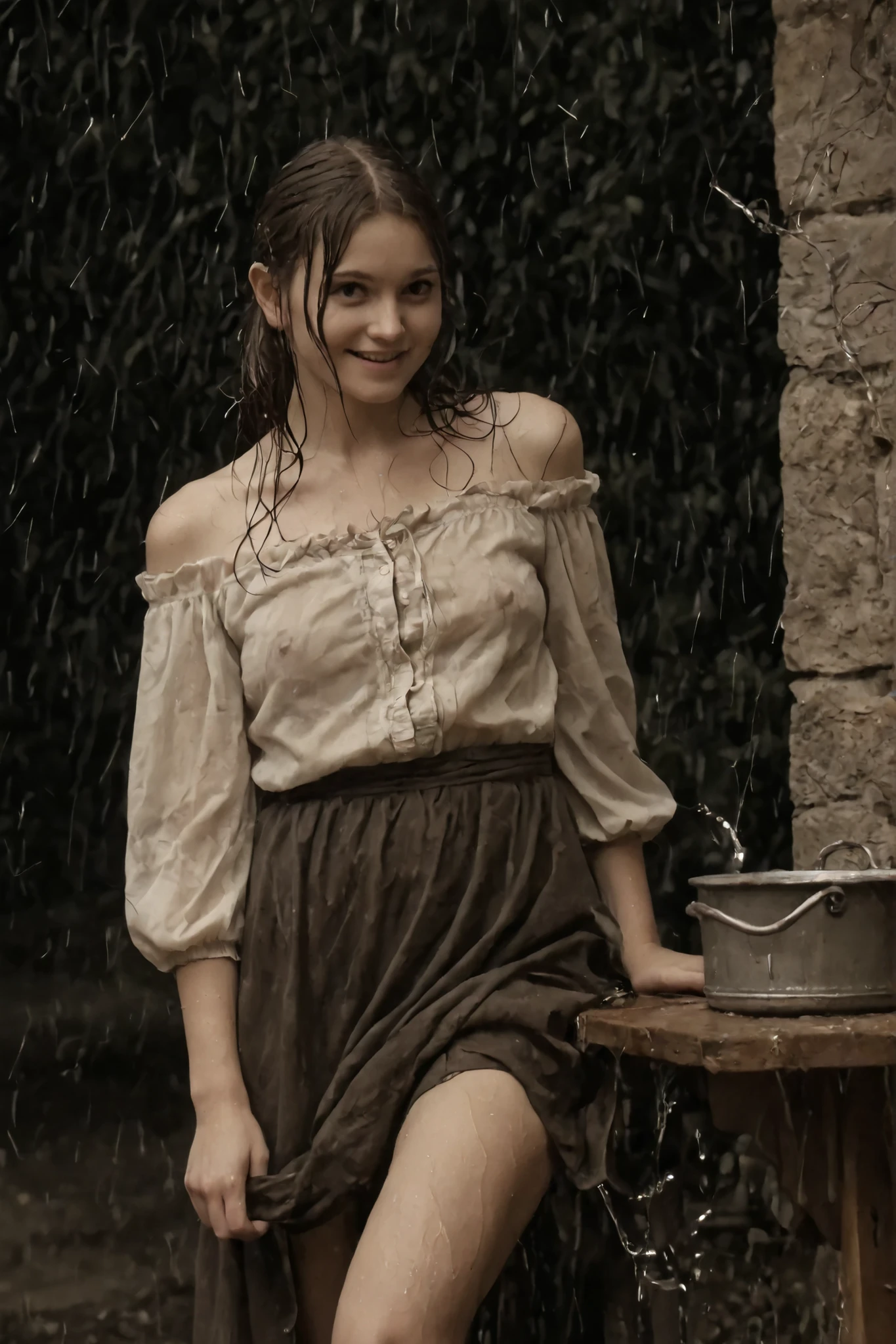 late 19th century American frontier (skinny young girl), gathered her family, sepia tone, faded colors, heavy film grain, scratched and creased edges, soft vignetting, slight blur, high contrast, vintage silver gelatin print style, full‑body view of a seductive pioneer (skinny young girl), (small breasts), hidden crotch, fitted calico dress with plunging neckline and thigh‑high slit, off‑shoulder puff sleeves revealing bare shoulders, tousled finger‑wave hair, sun‑kissed glowing skin with subtle sheen, candid slice‑of‑life moment not looking at camera, surrounding rustic objects: cast‑iron pot on hearth, hanging dried herbs, wooden bucket, horse‑drawn wagon in background, rolling prairie beyond, earthy muted palette with warm highlights, cinematic soft focus, slight film grain, no modern elements, (thighs, long skirt, thighs, (her only one large areola are sticking out of her cheap looking see through blouse)), angle from side, below, slightly slender frame, raise thigh, leaning table, (playful smile), ((standing in the heavy rain, dark outside, wet)), (((grinding her groin against a corner of a table))), 
at dark night during heavy rain, raindrops streaking diagonally, wet surfaces reflecting dim lantern glow, puddles with ripples, slight mist, dark sky, distant lightning flashes giving brief rim light, moody atmospheric feel

