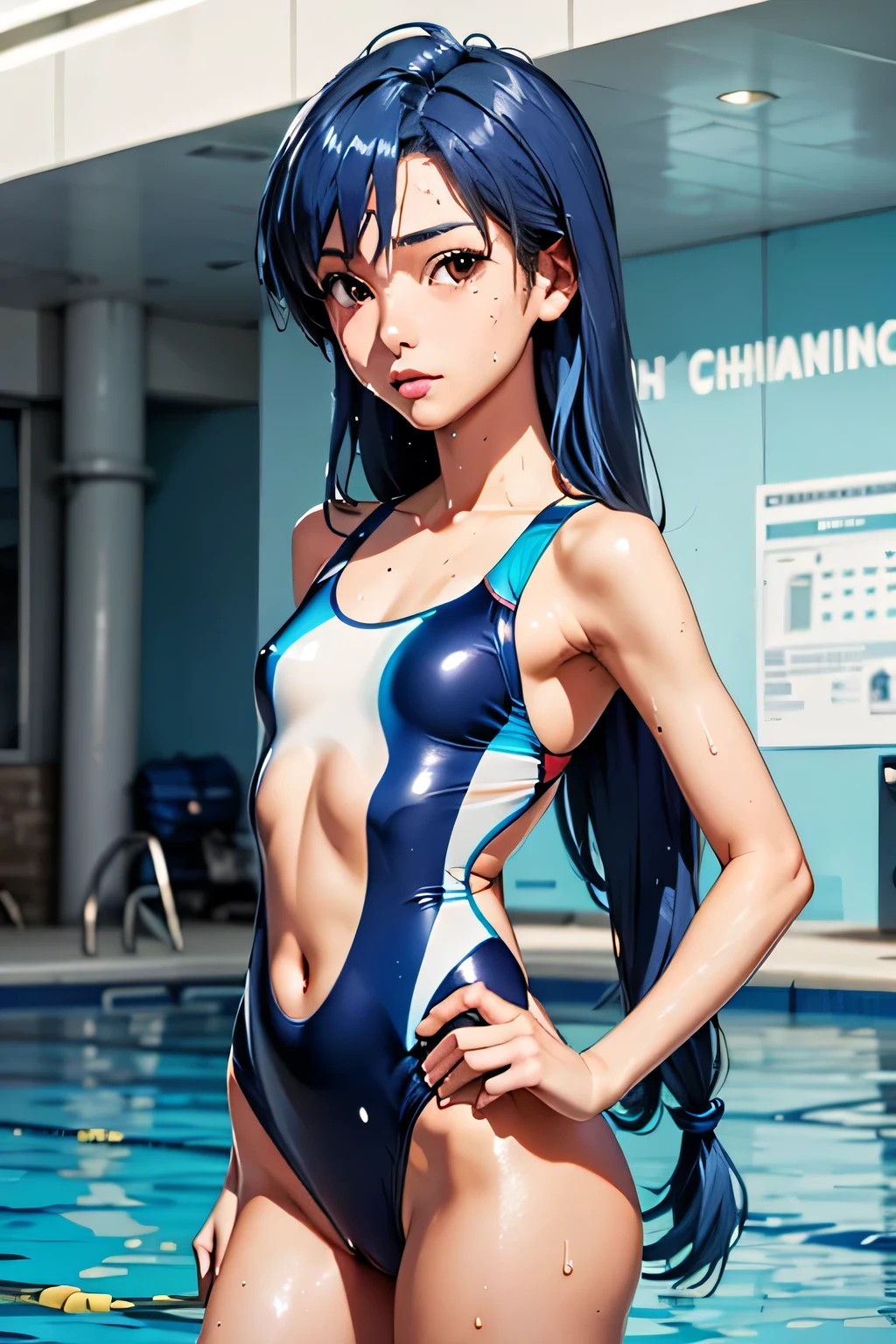 masterpiece, <lora:t2ArtWorksTonyTaka_1:1>, black hair, long hair, one-piece swimsuit