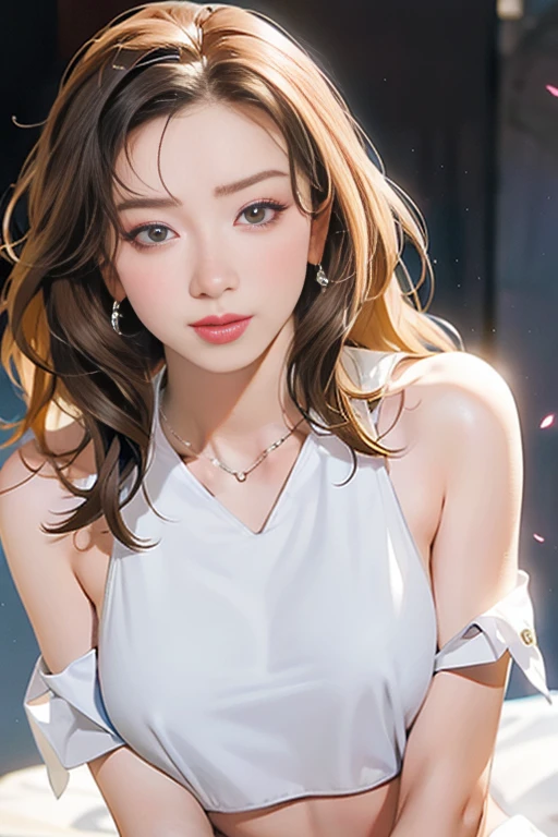 (A hyper-realistic), (illustratio), (hight resolution), (8K), (enormously detailed), (The best illustrations), (beautiful detailed eye), (highest  quality), (ultra-detailliert), (​masterpiece), (wall-paper), (details face)、Upper body close-up,Armpit, A smile,Plump,独奏、Girl in silk plunged white tank top, full of sweat, japanes, large full breasts, (camel's toe)、gigantic-breast、Detailed, well-groomed white teeth、Ultimate Beauty、shot on the Canon EOS R 6、full of sweat、(beautiful detailed teeth)、Silver necklace、There is a park with sunshine outside、