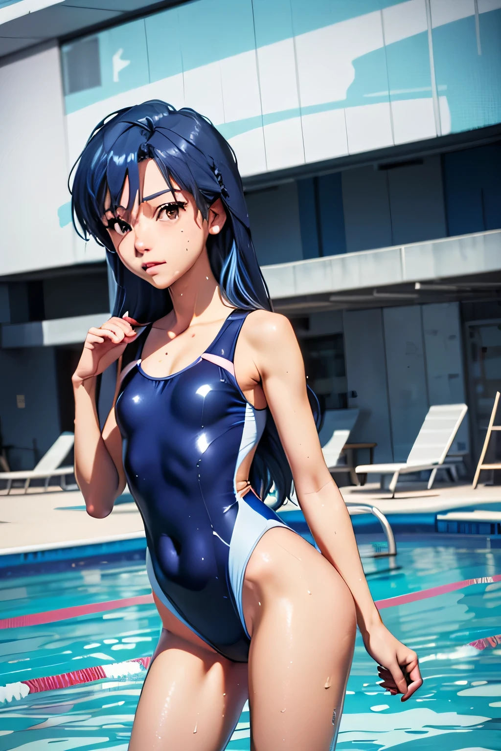 Anime boy in swimsuit posing in pool, Boy With Long Purple Hair, Boy in swimsuit, onepiece swimsuit, Swimsuit, Cool anime boy in a navy blue tanksuit, garments:High-cut swimwear, marin kitagawa fanart, Full body:: Sunny weather::, swim wears, !!Full body portrait!!, Realistic high cut swimsuit, highleg