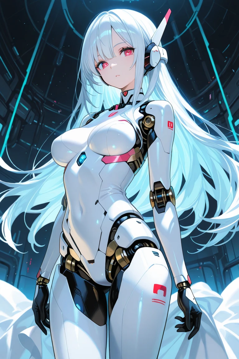 (((masterpiece))), (((best quality))), ((ultra-detailed)), (highly detailed CG illustration), ((an extremely delicate and beautiful)), cinematic light,((1girl)), solo, (upper body), (character focus), absurdres, high contrast, extreme detailed,colorful,highest detailed, science fiction, nanosuit, high ponytail, (light blue hair), yellow eyes, knee boots, (spacecraft interior), mechanical limbs, large breasts, metal wire,