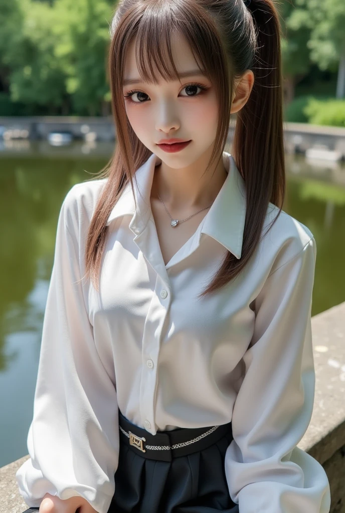 a closeup, ​masterpiece, top-quality, FULL 、Raw foto, Photorealsitic, faces, unbelievable Ridiculous, beautiful a girl, cute little, shorth hair、depth of fields, hight resolution, ultra-detailliert, finely detail, ighly detailed, extremely detailed eye and face, Realistic pupils, foco nítido, Cinematic lighting、flat 、tiny 、small 、(Petite :1.2)、Petite 、 (Slimed、small 、flat 、small )、 18-year-old woman、  expressions、  pose、 Wet body、Blushing、Sweating、Very embarrassed look、yawns、The face is bright red、Schoolgirl Uniform、Very detailed 8k wallpaper、Sheer white shirt、Red ribbon at collar、Dark blue pleated  skirt、((Show me your whole body))、Plump 、White Sox、is standing、‎Classroom、depth of fields、Bokeh in the background、Hairstyle with bangs