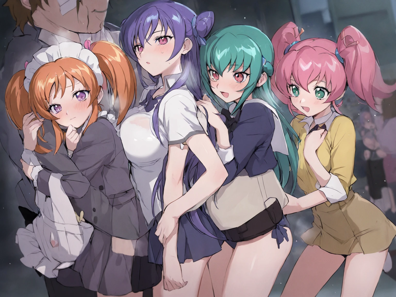 (Top quality illustrations:1.2), (Full color illustrations:1.9), (cute女の子:1.1), (５People Girls、Alongside), (School classroom)、(平行にAlongside立つ)、Commemorative photo、 (５People Girl、Non-virgin、17 years old、Mature、cute、Gal、Slightly smaller breasts、Slightly narrow waist、Ultra-detailed eyes:1.2)、high school girl、Prostitute、 Non-virgin、 Thighs Thighs、(((((nude)))))、(((Positive)))、Facing forward、Laughter、friend、Bold Pose、Sexy pose、Seduce your audience、Love your audience、(Black Hair、Blue Hair、Green Hair、Brown Hair、Pink hair、Red hair、Blonde)、(short hair、Mid-length hair、Semi-long hair)、Hair length、(Straight Hair、Wavy Hair、Curly Hair、Bobcut、Twin tails、ponytail)、(Good balance between face and body:1.4)、(Good balance of girl placement:1.5)、(Licking penis with tongue:1.3)、