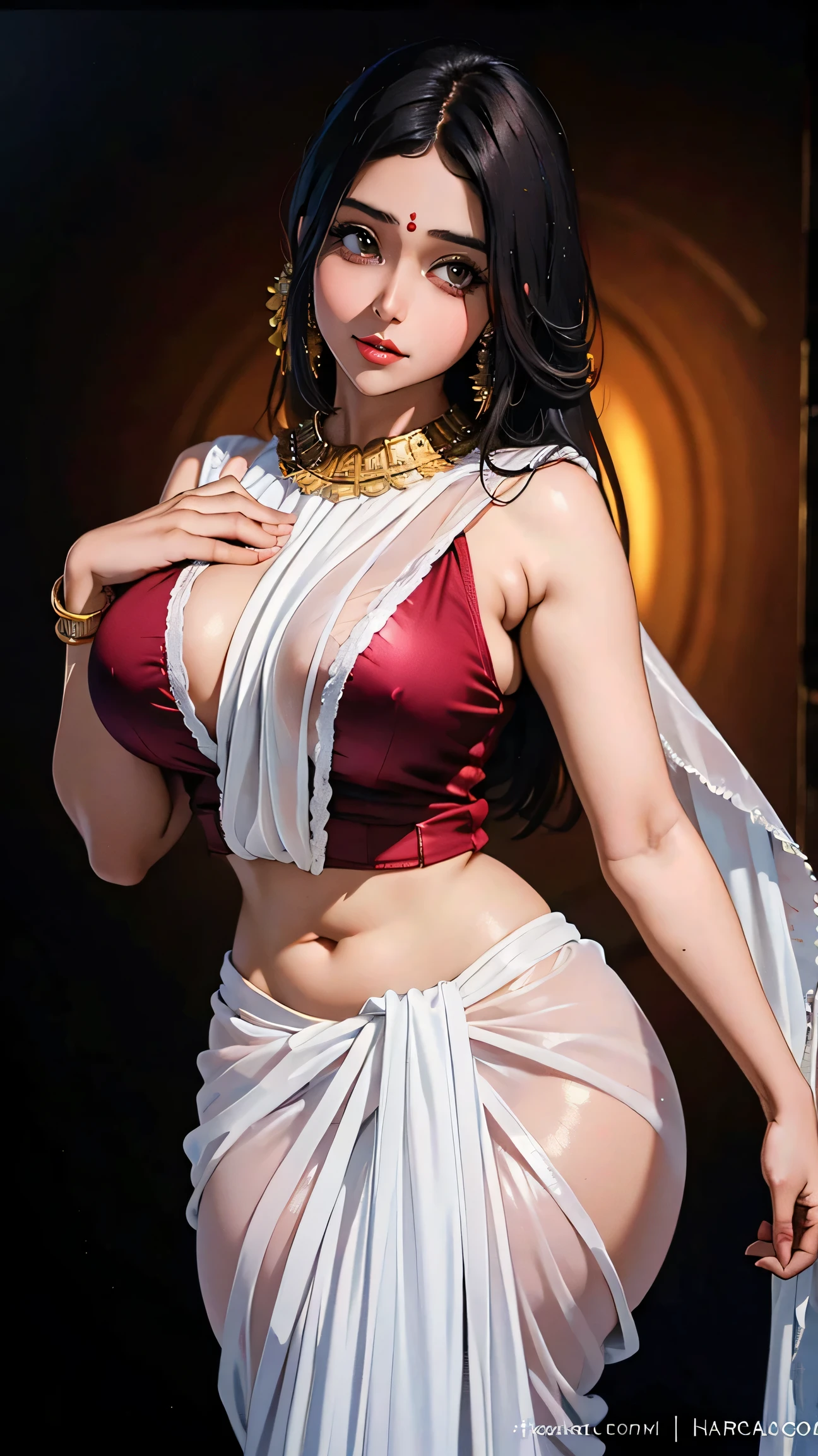 4K, UHD, masterpiece, solo girl, good face, detailed eyes, detailed lips, very long hair, straight hair, very long hair, beautiful hair, hair ornaments, hairband, sexy bun with ponytail hair, ((White-black-Blue-RED-silver-gold-yellow-green strapless blouse and cowboy jean shorts), (photorealistic:1.5), (Realistic big breasts:1.35), (Slender six pack abs), (smile), ((NSFW:0)), ((busty Cleavage)), ((( enchanting body, red lipstick, stockings, Indian bridal chamber, bold dress, glaring beauty, d-cup, breast focus, closeup))), sardine, ornaments, necklace, earring, high lighting, depth of field, ray tracing, ultra-realistic detail