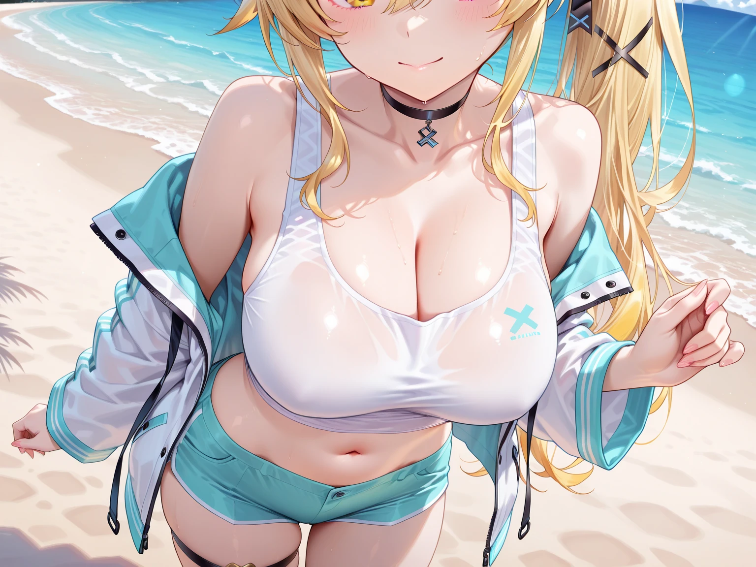 ((((Obra maestra, La mejor calidad, ultrahigh resolution)))), 1girl, sitting, ((pure blonde hair, hair over eye)), long hair cut, shiny skin, ((green eyes)), glowing_eyes, neon eyes, (ultra detailed eyes:0.7, beautiful and detailed face, detailed eyes:0.9), ((centered)), smirk, attractivesmile, seductive smile, ((wide shot)), facing viewer, ((sea on the background, bright lighting, summer, sunlight)), large chested, looking at viewer, wide hips, dynamite body, ((perfect hands)), (((head:1, arms, hips in view, elbows, arms, legs, in view))), ((hands behind back)), empty eyes, beautiful lighting, ((cool)), ((beautiful)), NSFW, sea, sand, sky, see trough, wet skin, water, hair ornament, nude, naked, pussy, vagina, nipples, spreading legs, touching pussy, showing pussy, spread_pussy, wide hips, thights, shiny oiled skin, wet, she is wet, fang, lewd look, she is hot, looking spicy, absolutely naked, pony tail, arms behind head, arms up, lewd,