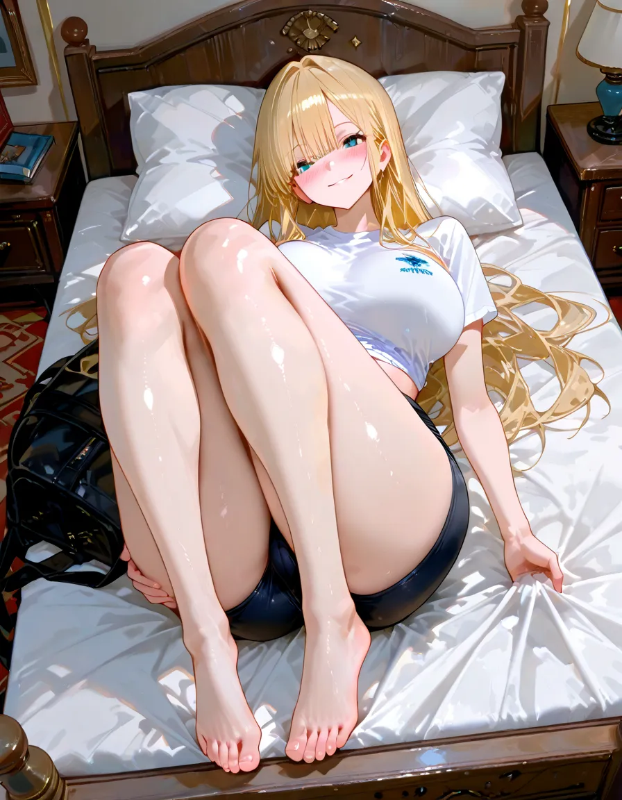 (Blonde stunning hair), (blue eyes), blue necklace, Golden earrings, Fit, Gorgeous Body, gorgeous, brown eyebrows, (two moles over lip), big pupils, (23 years old), 1girl,solo, complex skin, warm light, (large breasts), wide thighs, round butt, 5 fingers, ((blushing)), ((detailed face, best quality)), (masterpiece)), ((ultra-detailed)), (beautiful detailed eyes), red lip, eyeshadow, perfectly drawn body, beautiful face, long hair, very detailed eyes, intricate details in eyes, perfect lips, ((Full body image, No shoes only socks)), laying on bed, good lighting, in white crop-top and short pink shorts, ((white socks)), No extra Limbs
