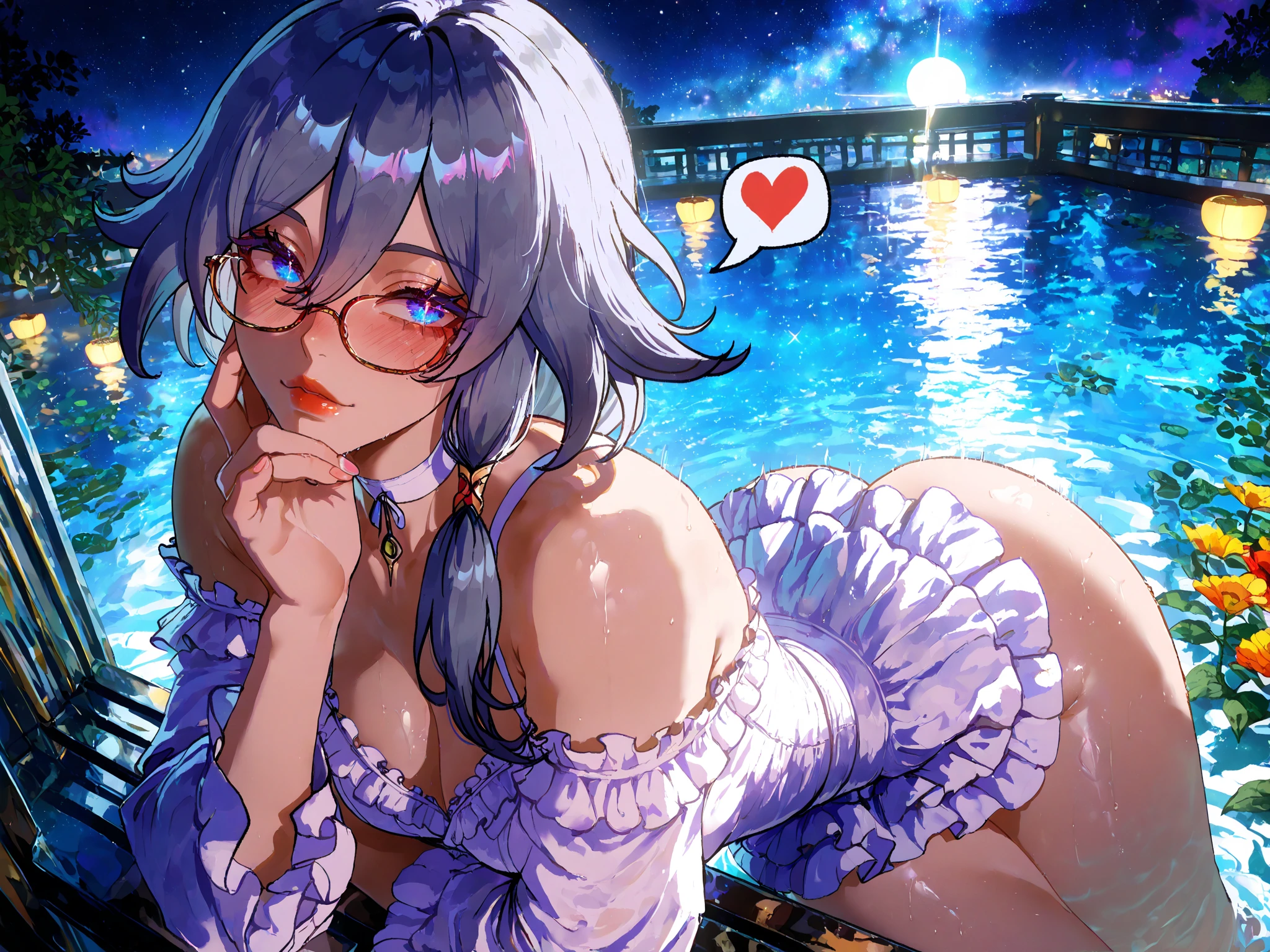 A woman wearing a bath towel and headphones、Big Breasts、sexy、Moonlight、Unbuttoned、Downlight、full moon、Japanese-style open-air bath interior、Open-air bath in the forest、Butt、Beautiful buttocks、Plump、Sideboob