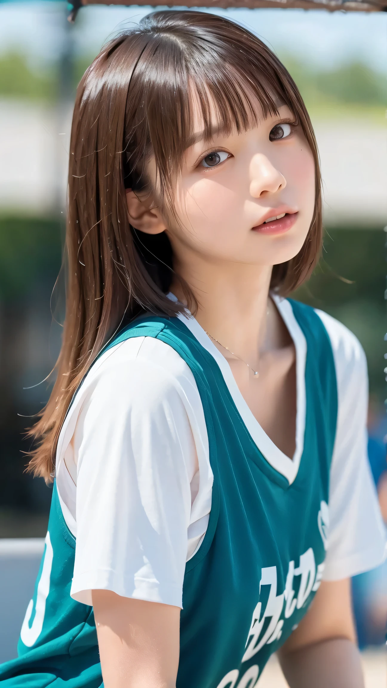 (masterpiece, top quality, 8k), 1 girl, 10th Generation, Full Body, Alone, cute, Girly, delicate girl, cleft, Original photo, Looking Up at Viewers, Professional Lighting, backlight facing the front, Sleek Design, film grain, (Detailed Eyes and Faces :1.1), medium length floating hair placed on a desk, beautiful flowing hair, Side Bang, Basketball Club Manager,