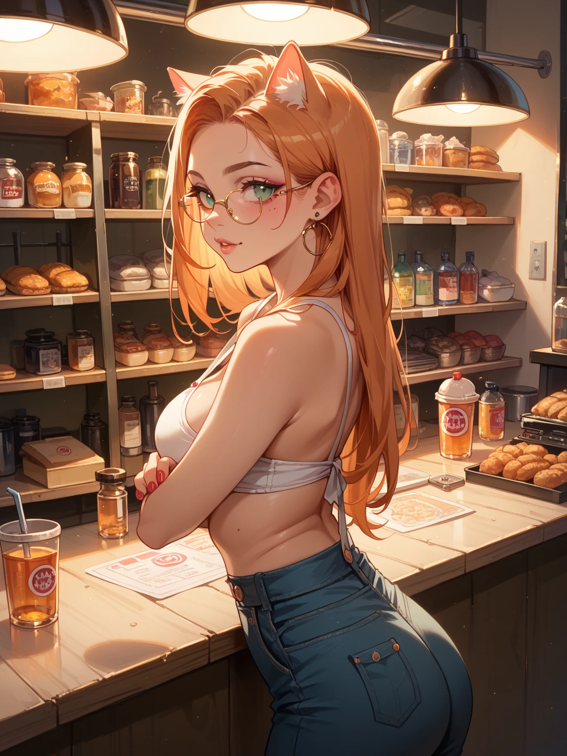((Highest quality)), ((masterpiece)), (detailed),Big Breasts, Nami(ONEPIECE), convenience store, In front of the cash register, One nipple exposed