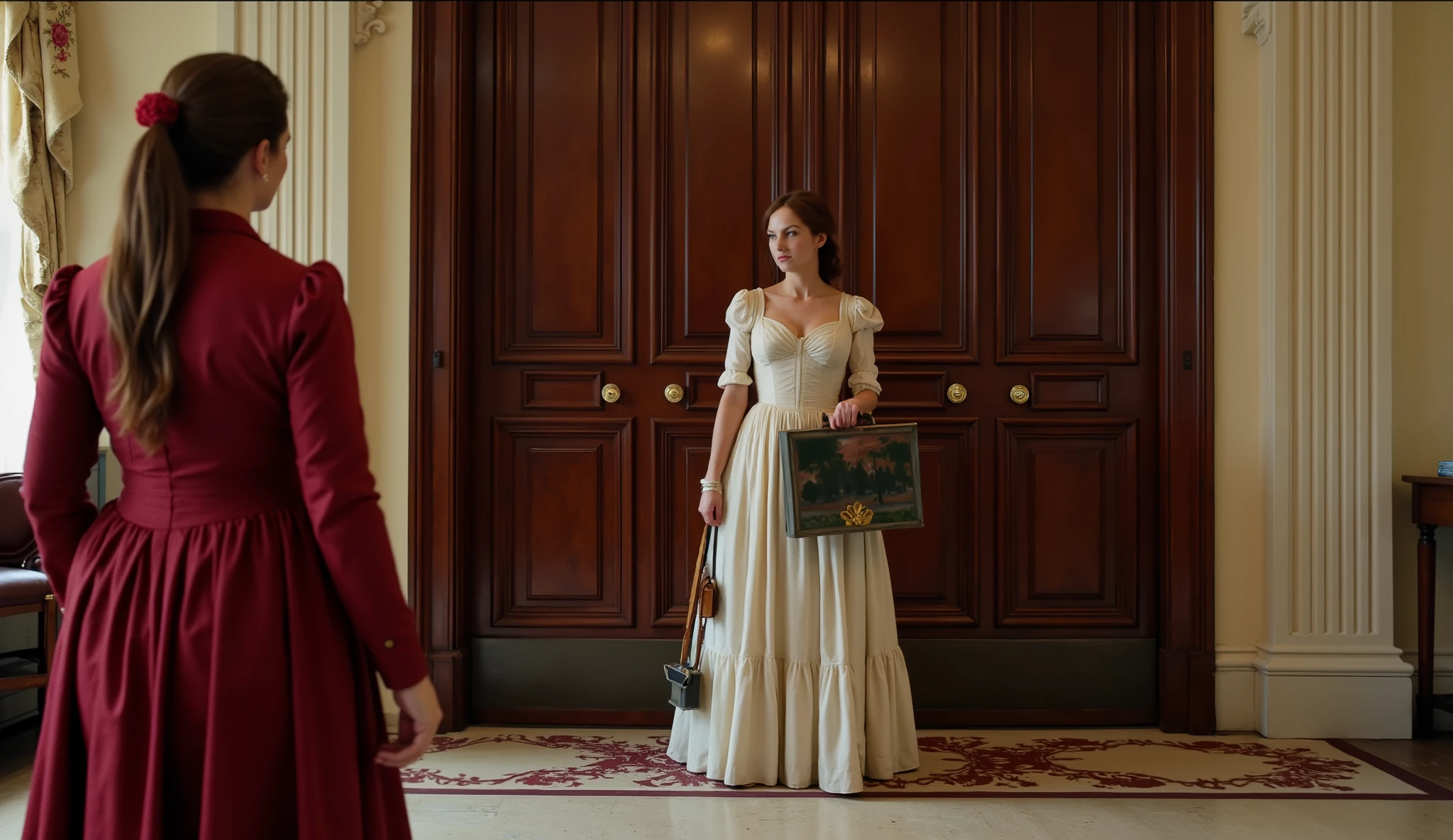 The scene shifts to Eleanor Finch, a beautiful woman dressed in 19th-century clothing—a long, elegant, floor-length dress with thick thighs, a wide butt, large breasts, and a narrow waist. She arrives at the mansion with a large artist's toolbox and displays her craft. She stands, observing the mansion in front of a sumptuous, varnished mahogany door. Detailed context.