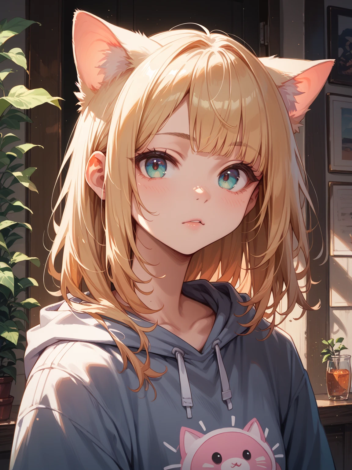 score_9, score_8_up, 1girl, kawaii, animal ears, blonde hair, brown eyes, looking at viewer, upper body, animal ear fluff, pink shirt, blurry, long sleeves, depth of field