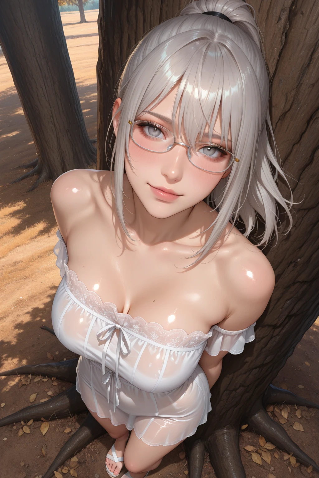 masterpiece, highest quality, ((Outdoor:1.4)), ((throw, whole body, Face Focus)), One Girl, alone, Suzune, ((short hair, Gray Hair)), Wear only a white coat、Naked under a lab coat、Nipples and pubic hair exposed、The nipples are very small and pink.., Troubled face、Embarrassed face、