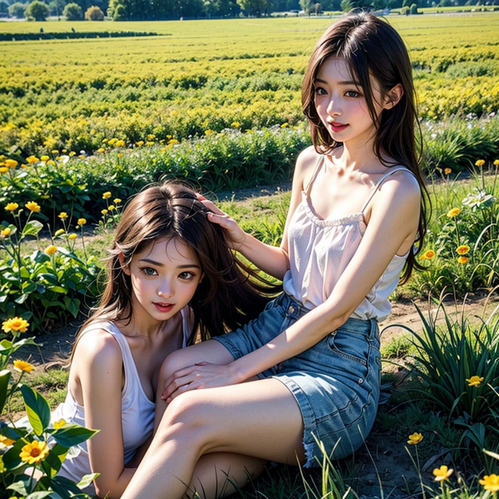8K、RAW Photos、Highest quality、Super detailed、Super Resolution、Ultra HD、8K壁紙、Amazing details American blazer uniform girl ((White blouse with formal collar, Blue blazer, Blue plaid skirt, Red checkered ribbon on blouse)), Complete limbs, Full Finger,
A large sunflower field in the countryside、Straight road、Walk through the sunflower field,smile、sun、School bag、Heart Necklace
(((Emphasize cleavage)))
(((Full body photo)))
((Blue sky))
((((Pink floral panties and bra are visible))))