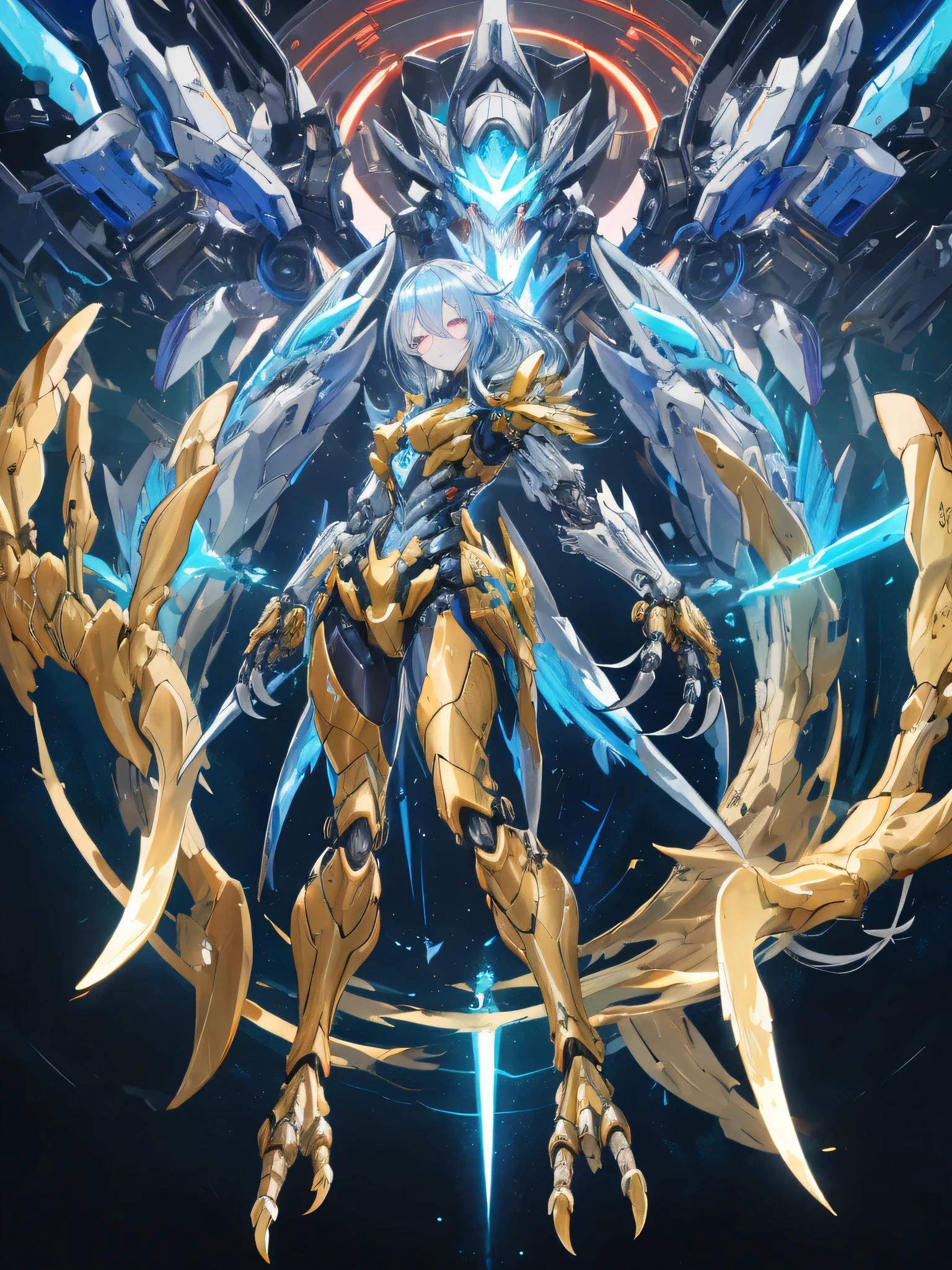 harpy,Machinery Parts,score_9、score_8_up、score_7_up、top quality、anatomically accurate、Dynamic Poses、accurately depicted、Extreme Wide Shot、Full Body、score_9、score_8_up、score_7_up、top quality、anatomically accurate、 Super Precise Depiction, High Tech Military Confidential, android harpy girl, giant mechanical wing system, titanium alloy feathers, Blue Glowing Energy Lines, sharp metal claws, biomechanical arm, mechanized bird-shaped legs, full-body scaly armor pattern, Cybernetic Joints, Glowing core, translucent hologram feathers, Futuristic body suit, Metallic Silver Decorations, Mechanical Joint Movement, futuristic background, floating hologram, Cold Metal Texture, Cable and Wire Decorations, Neon Blue Luminescence Patterns、futuristic culture capsule, Inorganic Research Facility, Girl in Fetal Posture, Transparent Cultivation Liquid, blue glowing piping system, Biomonitor Displays, Translucent Tube Connections, long swaying hair , closed eyelid, Peaceful Expression, Biomechanical interfacing, Bubbles in Culture Solution, Scientific Measurement Equipment, cold metal frame, Hologram Data Display, Shadow-free lighting , Inorganic Laboratory Walls, Futuristic Medical Devices、NO EYES,HAIR OVER EYES