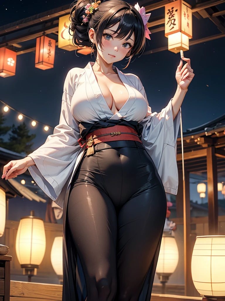 Soifon, bleach anime, 1girl, solo, cute kimono, wooden sandals, black thighhighs, medium breast, cleavage, japan akihabara, night view, hair between eyes, soifon hair, looking at viewer, black hair, solo, thighhighs, thighs, ((masterpiece)), standing, sexy pose, blush, shy, smile,
