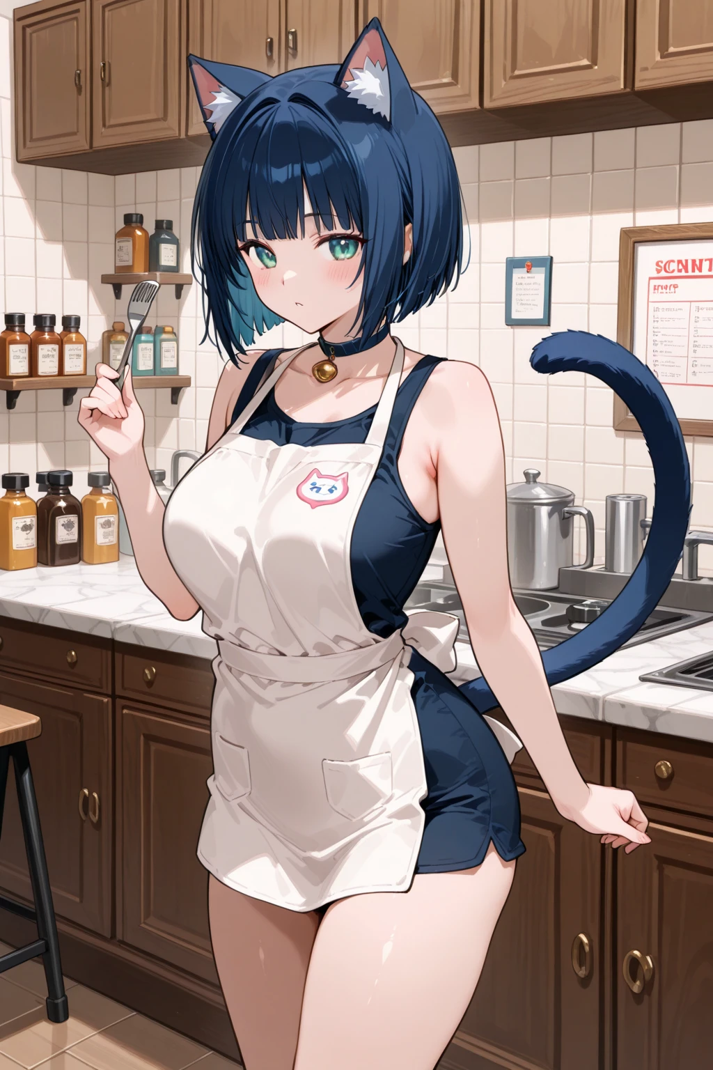 (8k) (high res) (best quality) (masterpiece) nicole_w_anime,1girl,  red eyes, cat girl, cat ears, cat tail, blue hair, huge breasts,white shirt, skirt,  kitchen, holding knife,