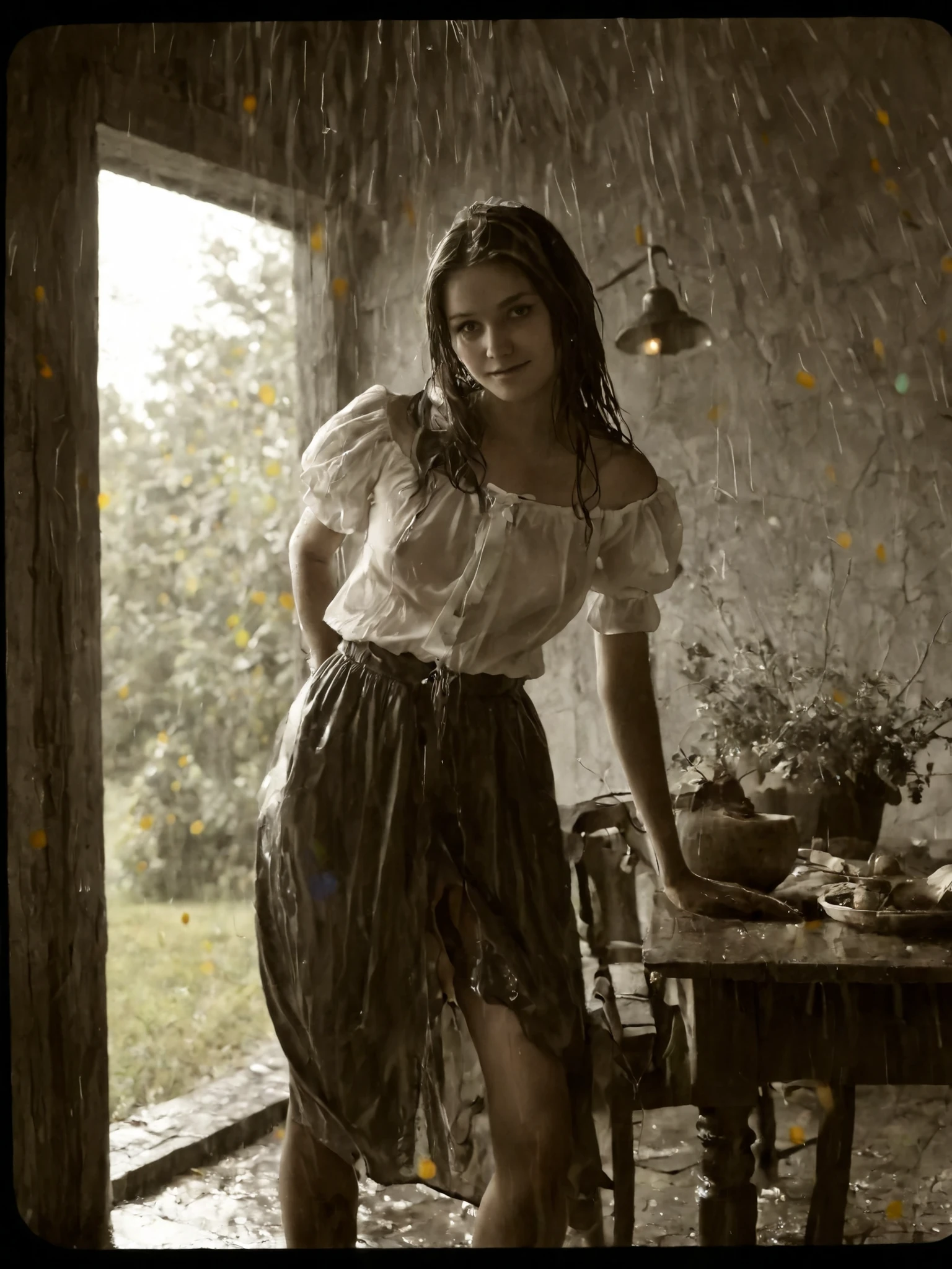 late 19th century American frontier (skinny young girl is nearby deep forest), gathered her family, sepia tone, faded colors, heavy film grain, scratched and creased edges, soft vignetting, slight blur, high contrast, vintage silver gelatin print style, full‑body view of a seductive pioneer (skinny young girl), (small breasts), hidden crotch, fitted calico dress with plunging neckline and thigh‑high slit, off‑shoulder puff sleeves revealing bare shoulders, tousled finger‑wave hair, sun‑kissed glowing skin with subtle sheen, candid slice‑of‑life moment not looking at camera, surrounding rustic objects: cast‑iron pot on hearth, hanging dried herbs, wooden bucket, horse‑drawn wagon in background, rolling prairie beyond, earthy muted palette with warm highlights, cinematic soft focus, slight film grain, no modern elements, (thighs, long skirt, thighs, (her only one large areola are sticking out of her cheap looking see through blouse)), angle from side below, slightly slender frame, leaning table, (playful smile), ((standing in the heavy rain, dark outside, wet)), (((grinding her groin against a corner of a table))), 
at dark night during heavy rain, raindrops streaking diagonally, wet surfaces reflecting dim lantern glow, puddles with ripples, slight mist, dark sky, distant lightning flashes giving brief rim light, moody atmospheric feel

