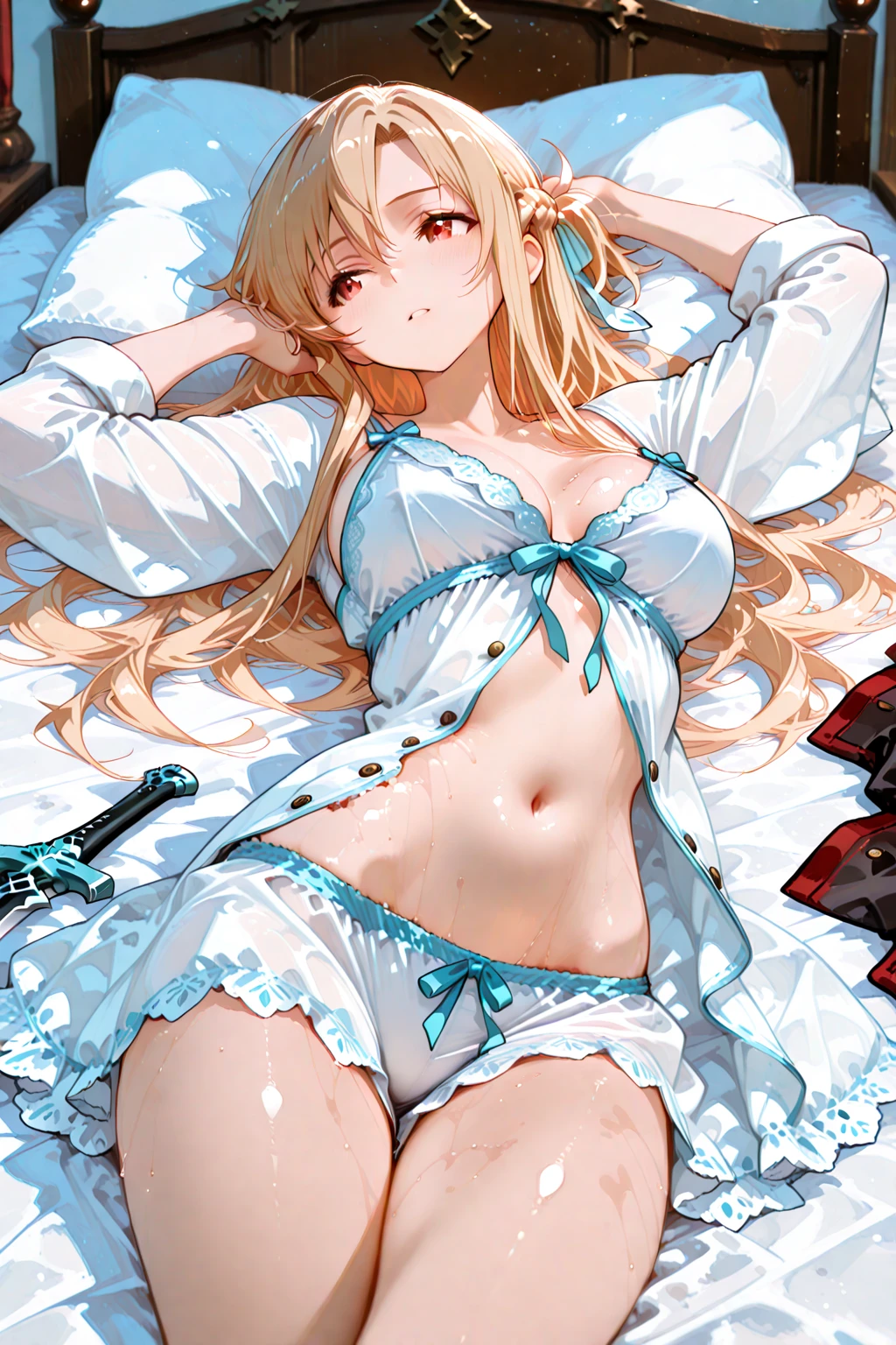 (small breasts:1.2), (perky chest:1.2), (pointed chest:1.2), (Pudding cake magazine cover:1.3),(from above:1.0),(shoot from the side:1.1),masterpiece, 1girl, Amazing Cleavage:1.1, thin waist, optimum,tmasterpiece,hight resolution,best qualtiy,hyper HD,super detailing,awardwinning,a 18yo cute girl,(The upper part of the body),anatomy correct,Beautiful Black miniskirt,garters,Gaze,Small face,bangss,holster,Beautuful Women,hands up,leg holster,Gaze,black boots,Cowboy Shot,cute face,a blond,Longhaire,Twin-tailed,Braids, Hairline,(scarlet eyes),long eyelasher,Hanging eye corners,White skin of the, ((see through camisole:1.1)), ((Sheer nipples:1.0)),Rocket Tits,(Slim body),smile,seductive weak smiling,(with sparkling eyes and a contagious smile),little open mouth, Looking at Viewer,