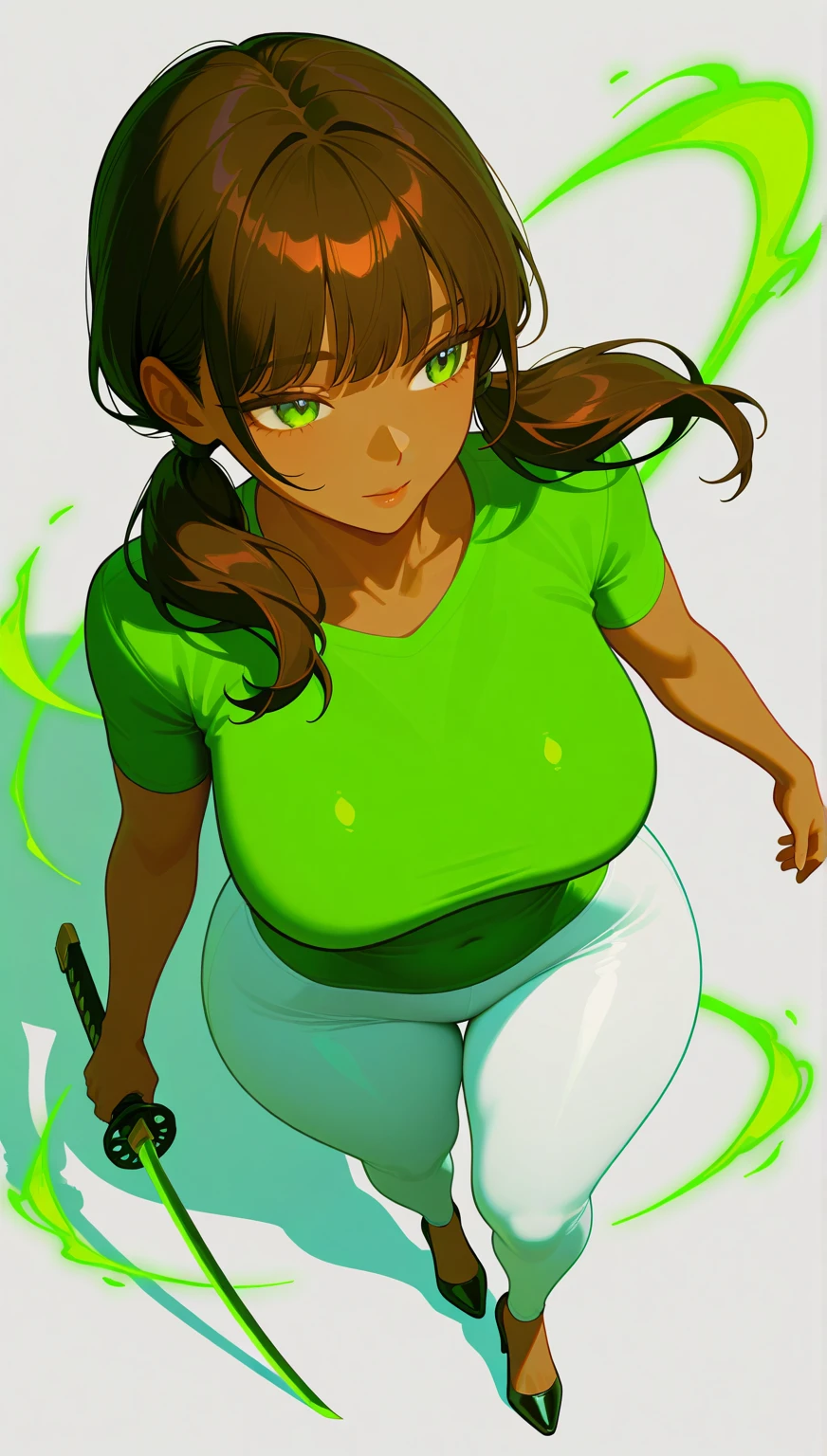 Finely detailed, high resolution, full HD, zodiac_mallow, green hair, dark skin, twin tails, wet t-shirt