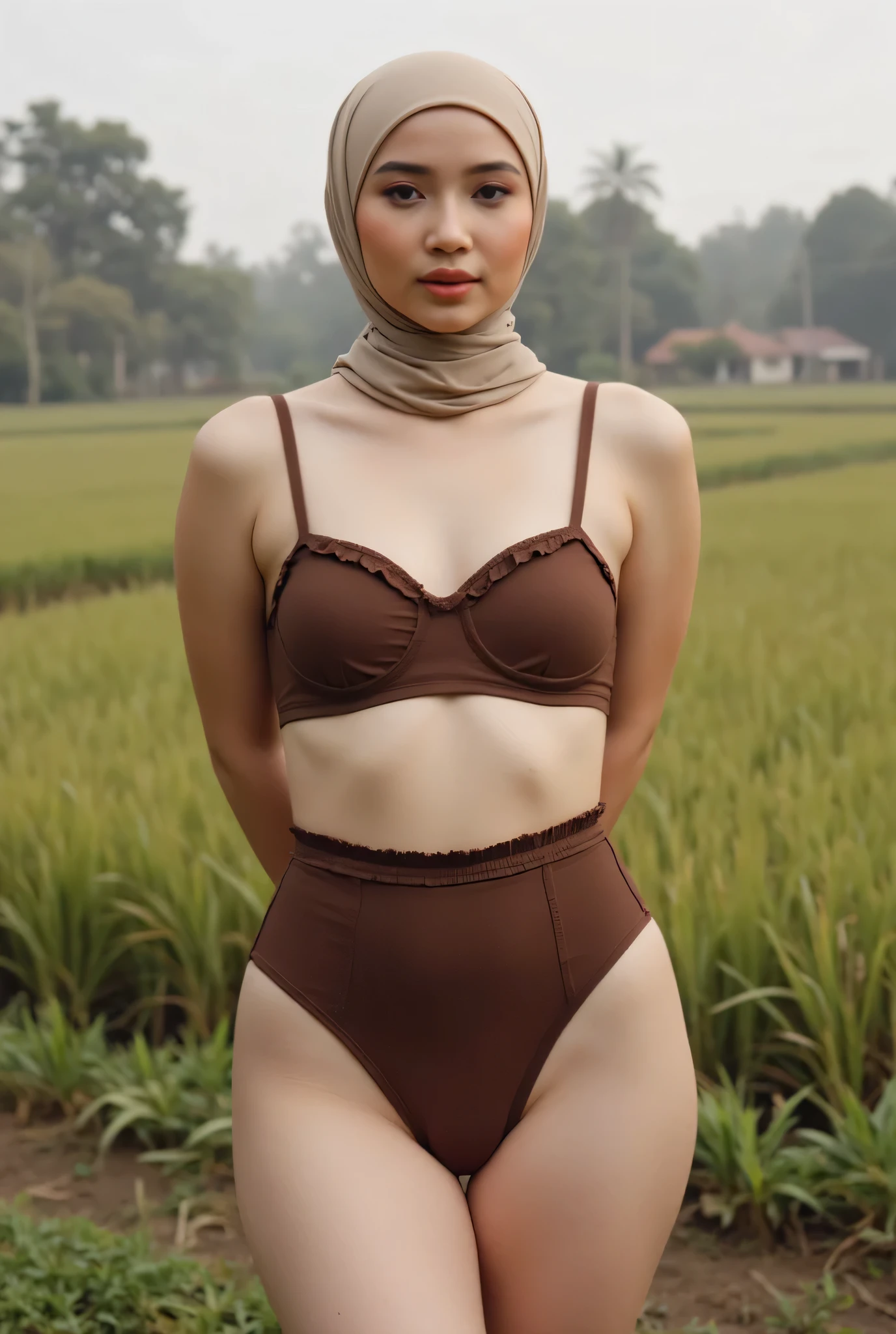Small, (Shree Sexy brown plain Garter Belt) closed my center, Tetek besar melayut, hijab hijab hijab hijab, (photorealistic:1.6), background rice paddy. daytime atmosphere, don't put any rope! flat chest!, duduk di atas kerusi kaca, hands behind back spread the while legs astride, view from front, (Singlet ruffled)