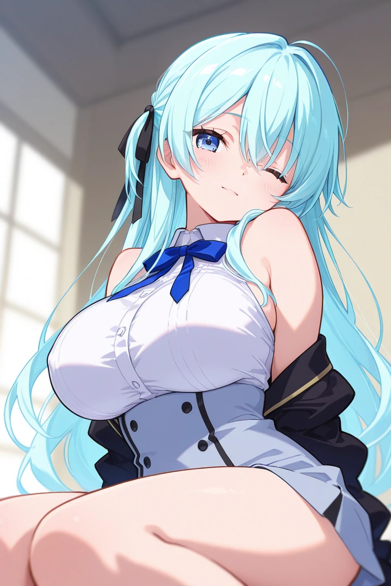 masutepiece, Best Quality, 1girl in, aqua_Konosuba, Long hair, Light blue hair, Blue eyes, Smile, Take off all clothes, teats,Pink nipples,fullnude,Pink ,Bring your large breasts together with your arms to show cleavage,No panties, medium breasts,Opening legs,Spread your legs apart,show wet genitals,