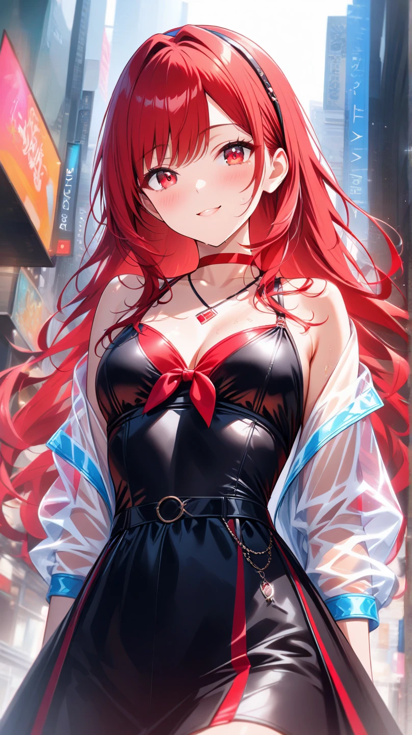 An anime girl with red hair and blue eyes wearing a skirt and an open shirt revealing a black and red bra