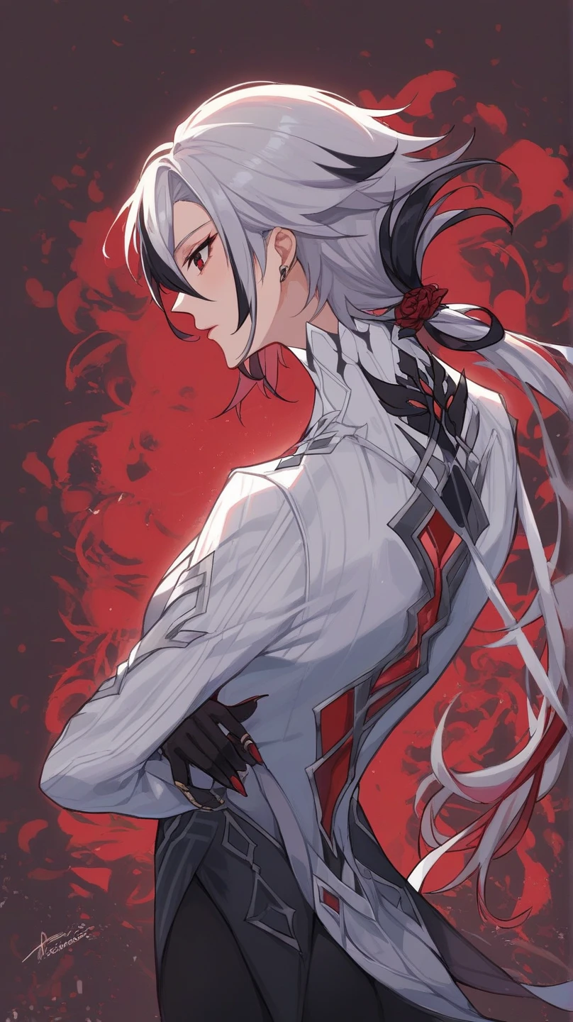 1 boy, black hair, red eyes, black noble cloth, calm face, handsome male guy, masculine, old boy, grown man, 28 years old, bored face, man, big male, psychopathic smile, villain, long hair, short white hair