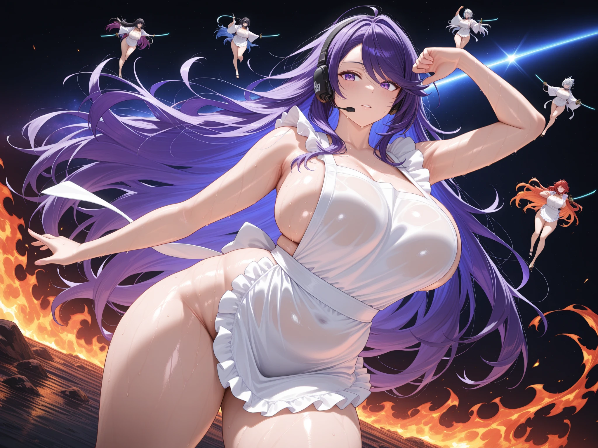 nsfw, large breasts, naked, nude, sea, Highway、 flooded、 running、 Building FIRE、 Heavy snowfall, long_hair, purple_eyes, purple_hair, bangs, smile, symbol-shaped_pupils, multicolored_hair, star-shaped_pupils